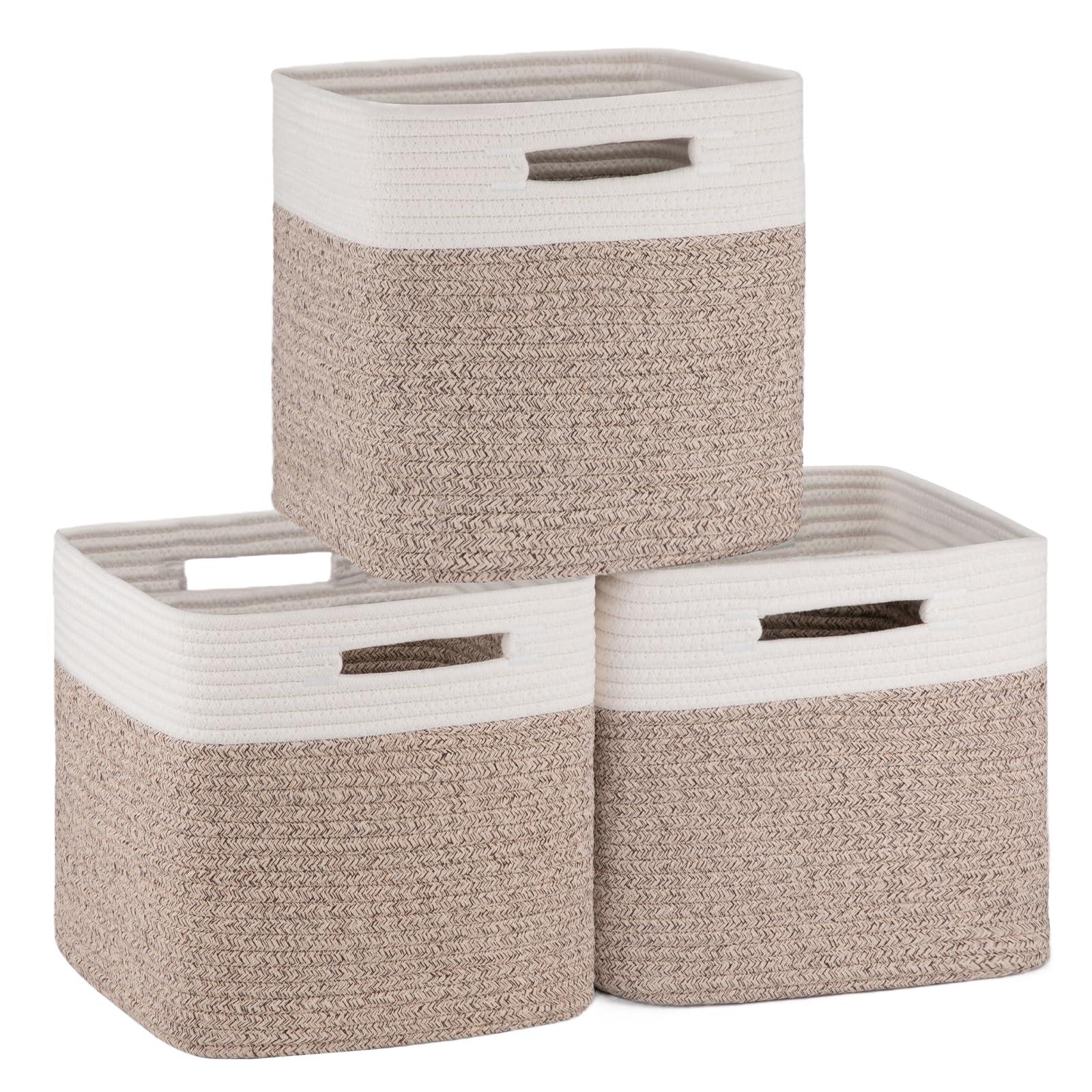 OIAHOMY Storage Cubes 11 Inch Storage Bins-3-Pack, Cotton Rope Woven Baskets for Organizing, Square Storage Baskets for Shelves Organizer, Classroom, Kids Toy Bins, Closet, Baby Nursery-Brown