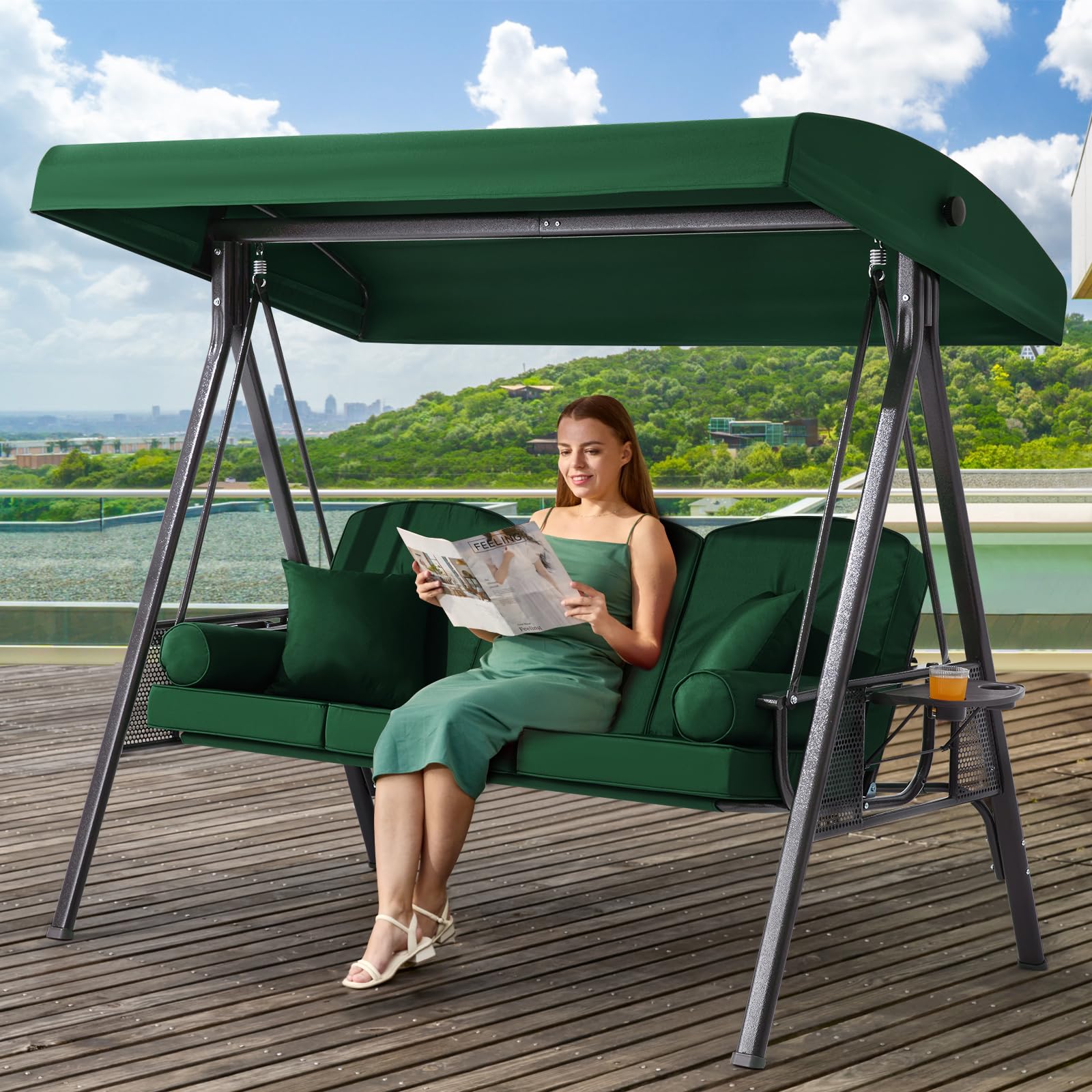 3 in 1 Outdoor Porch Swing with Adjustable Canopy, 3 Seat Outdoor Swing for Adults, Patio Swing Chair with Thickened Cushions,Pillows & Cup Holders for Backyard, Porch, Garden (Wine Red)