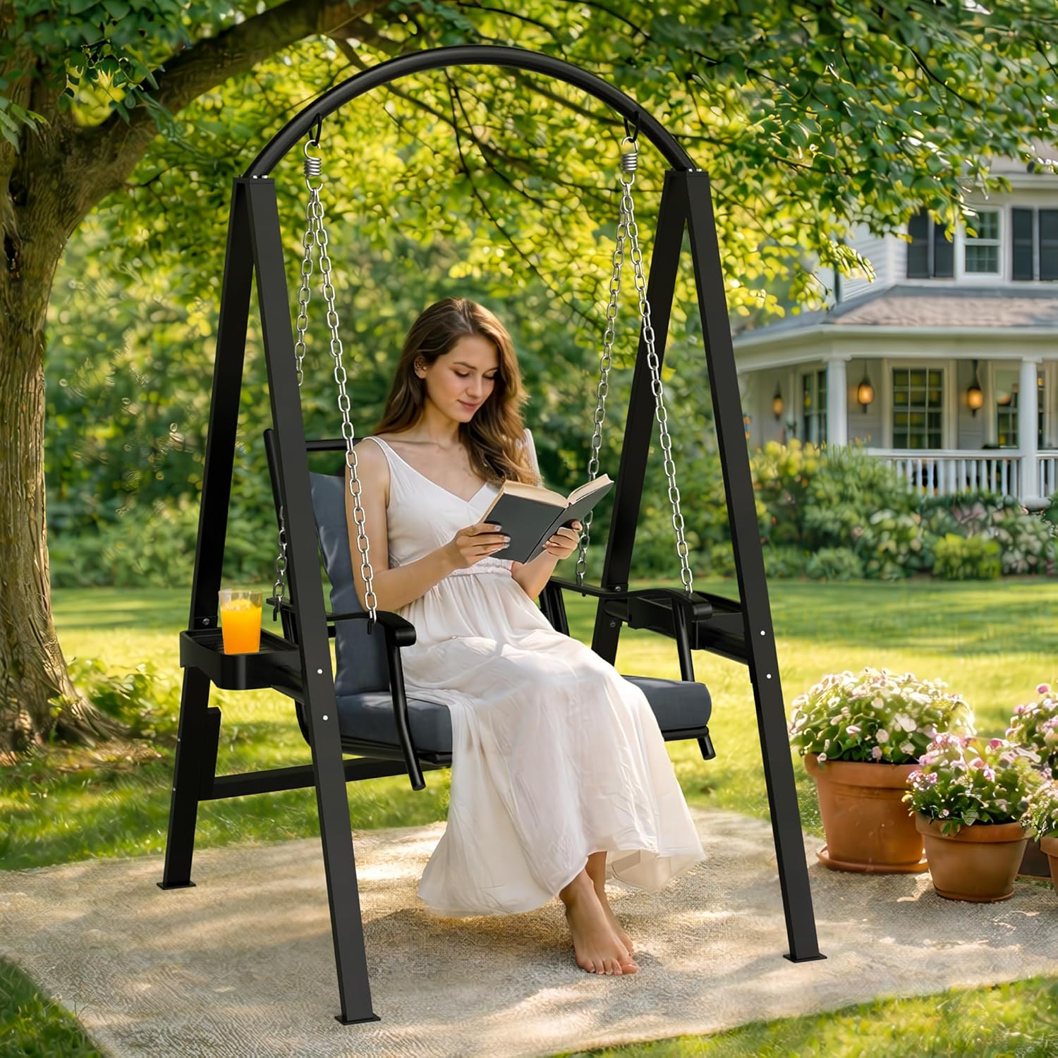 Pamapic Porch Swing with Stand, 350lbs Heavy-Duty Metal Frame Outdoor Swing for Adults with Dual Side Trays, Adjustable Chains, Zippered Removable Cushion for Balcony, Backyard, Garden, Black