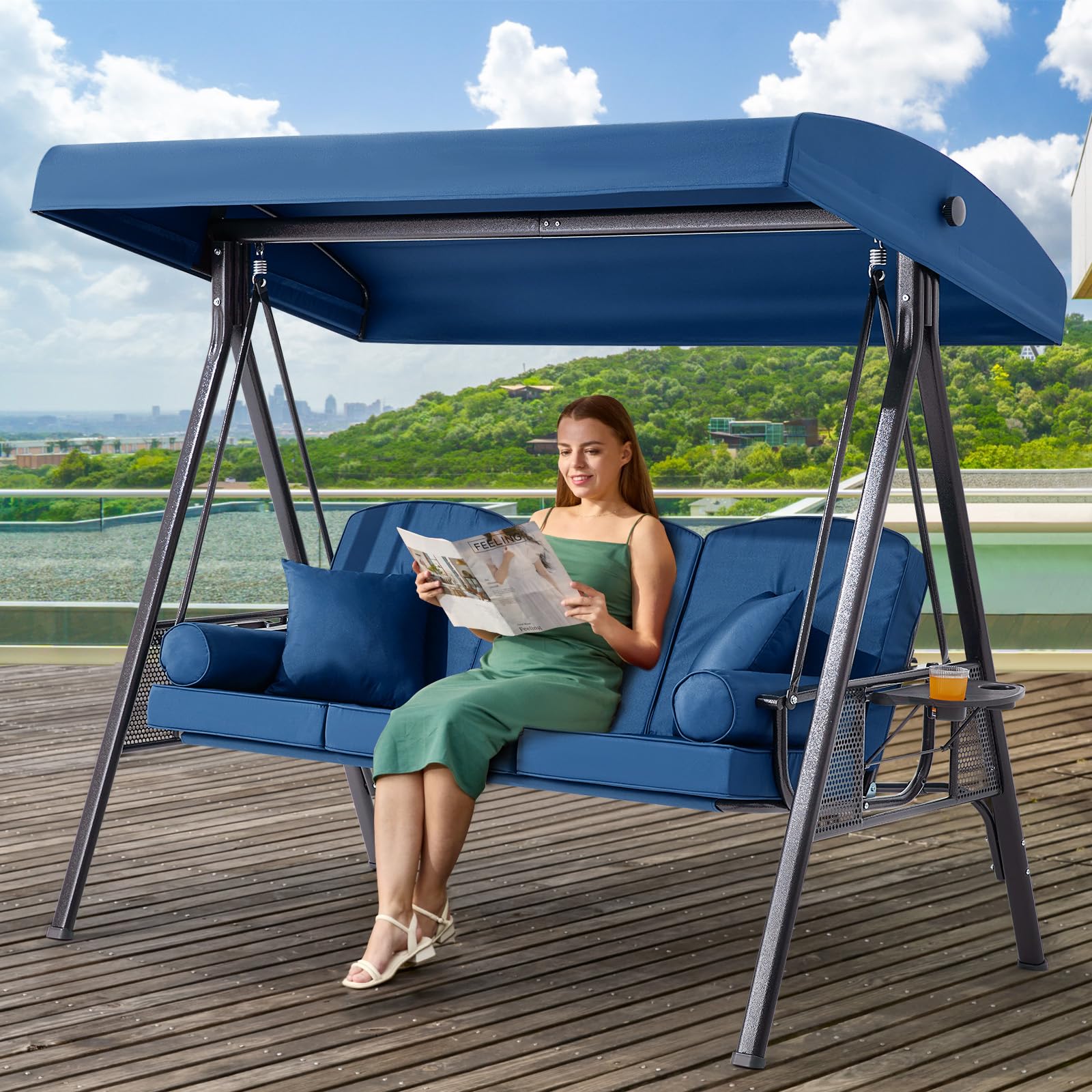 3 in 1 Outdoor Porch Swing with Adjustable Canopy, 3 Seat Outdoor Swing for Adults, Patio Swing Chair with Thickened Cushions,Pillows & Cup Holders for Backyard, Porch, Garden (Wine Red)