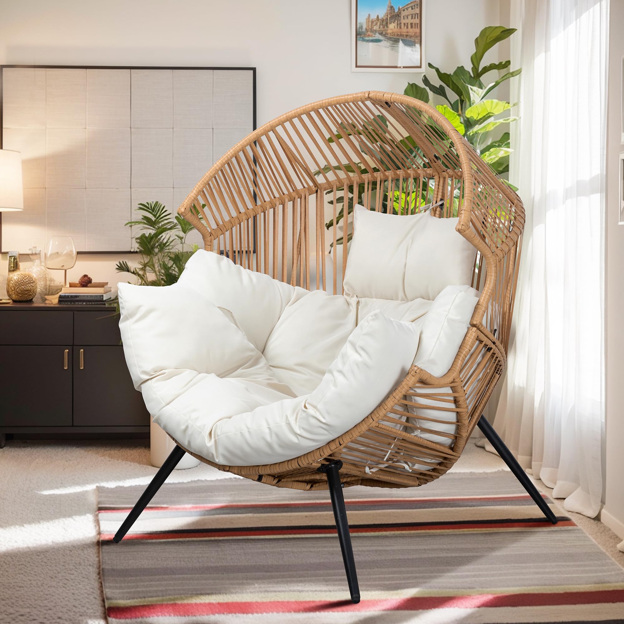 Vongrasig Wicker Egg Chair PE Rattan Rocking Chair with Cushion, Oversized Patio Lounge Rocker Chair for Outdoor, Indoor, Balcony, Backyard, Garden, Black