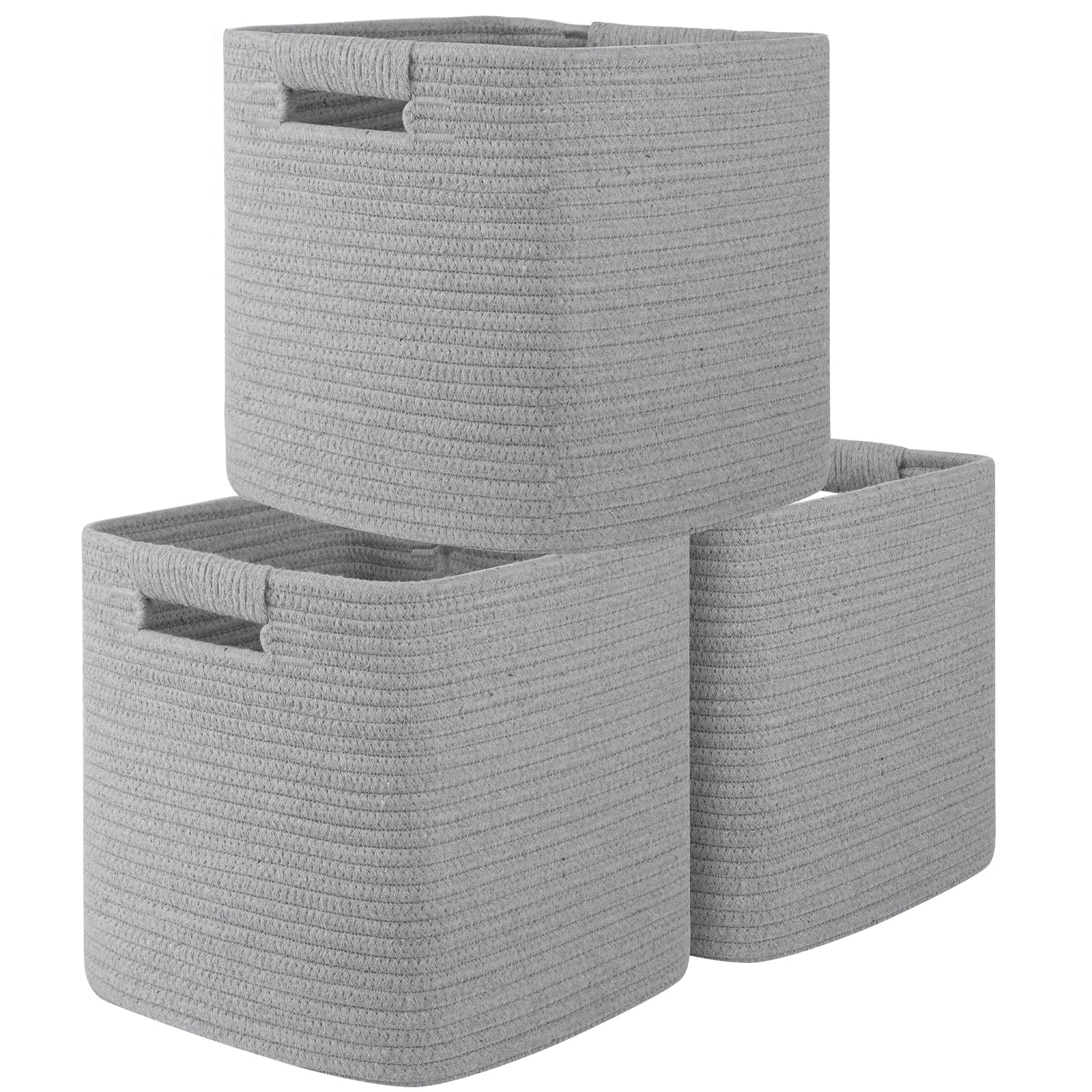 OIAHOMY Storage Cubes 11 Inch Storage Bins-3-Pack, Cotton Rope Woven Baskets for Organizing, Square Storage Baskets for Shelves Organizer, Classroom, Kids Toy Bins, Closet, Baby Nursery-Brown