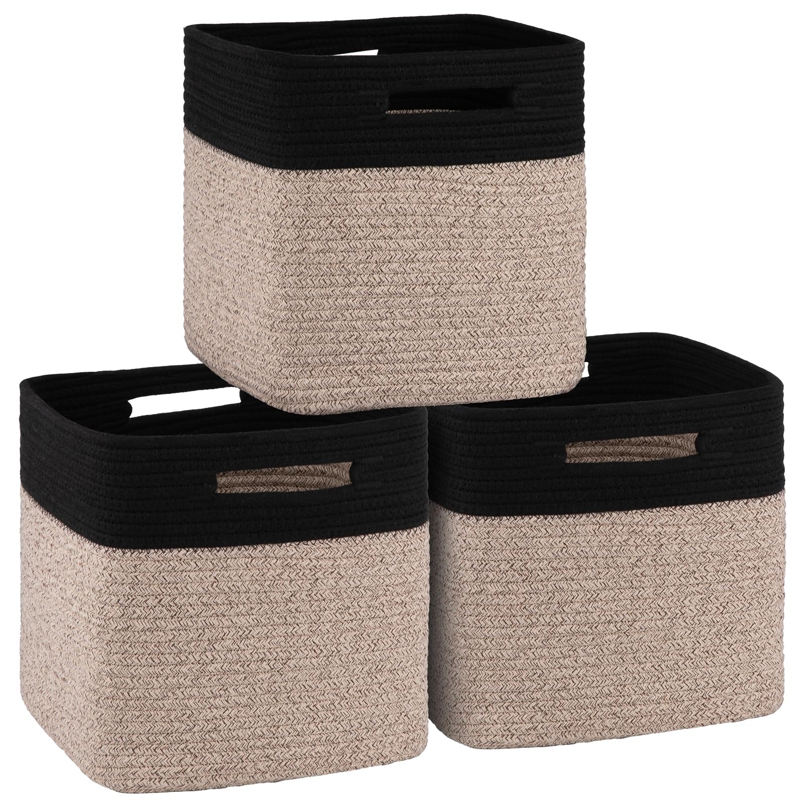 OIAHOMY Storage Cubes 11 Inch Storage Bins-3-Pack, Cotton Rope Woven Baskets for Organizing, Square Storage Baskets for Shelves Organizer, Classroom, Kids Toy Bins, Closet, Baby Nursery-Brown