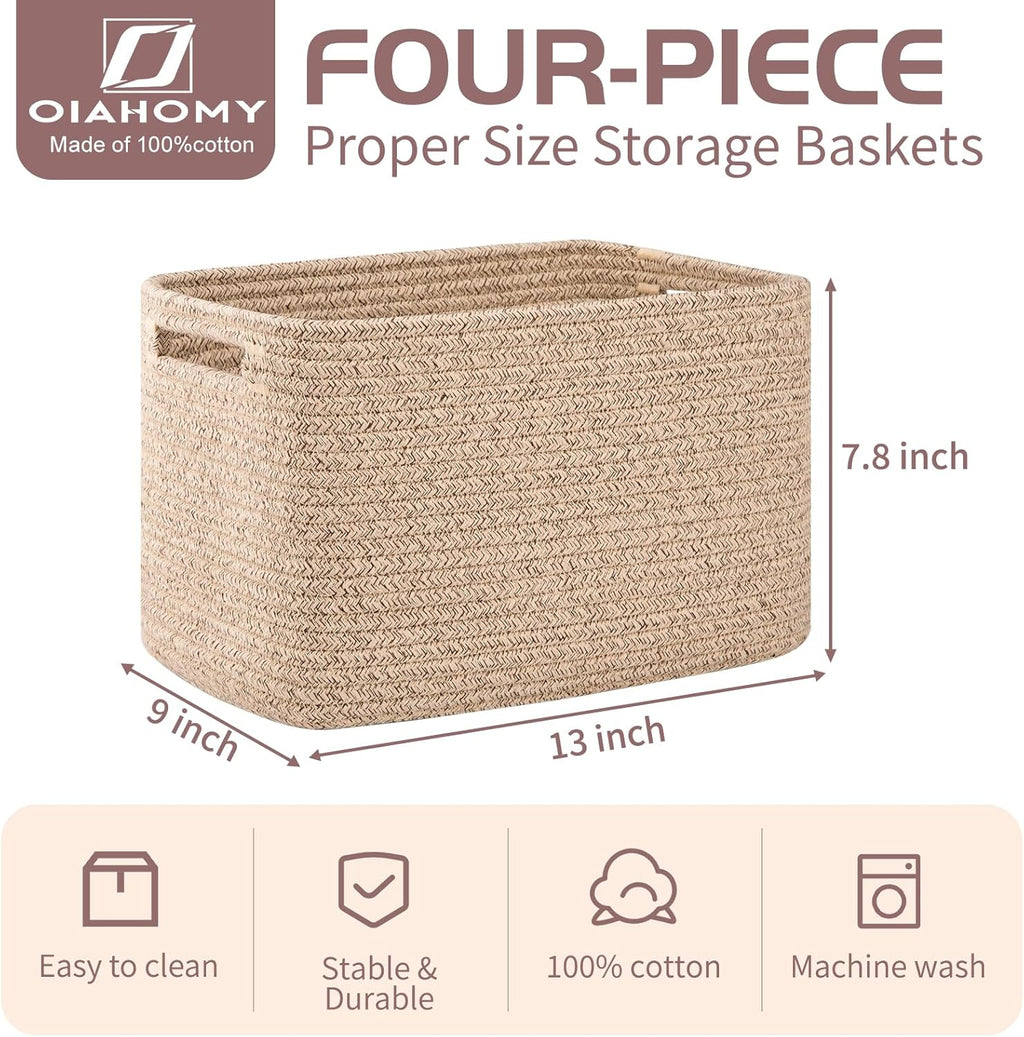 OIAHOMY 4 Pack Storage Baskets for Organizing, Cube Storage Bins for Shelves, Rectangle Storage Baskets With Handles, Woven Baskets for Storage, 12.7''Lx9''Wx7.8''H, Mixed Brown