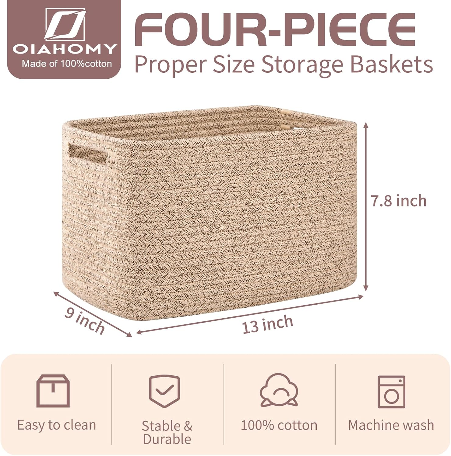 OIAHOMY 4 Pack Storage Baskets for Organizing, Cube Storage Bins for Shelves, Rectangle Storage Baskets With Handles, Woven Baskets for Storage, 12.7''Lx9''Wx7.8''H, Mixed Brown