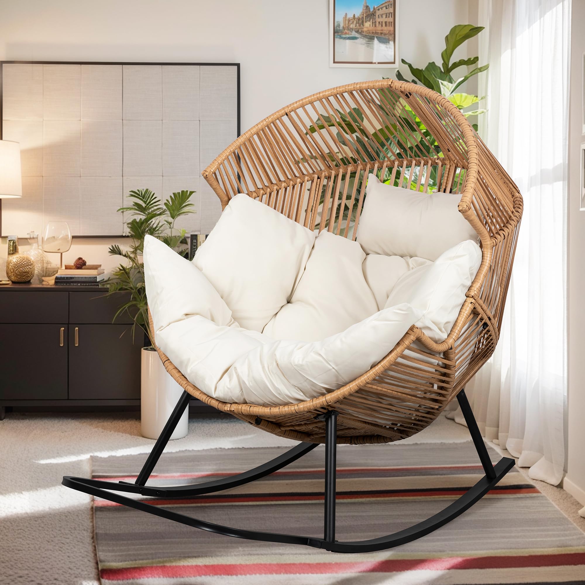 Vongrasig Wicker Egg Chair PE Rattan Rocking Chair with Cushion, Oversized Patio Lounge Rocker Chair for Outdoor, Indoor, Balcony, Backyard, Garden, Black