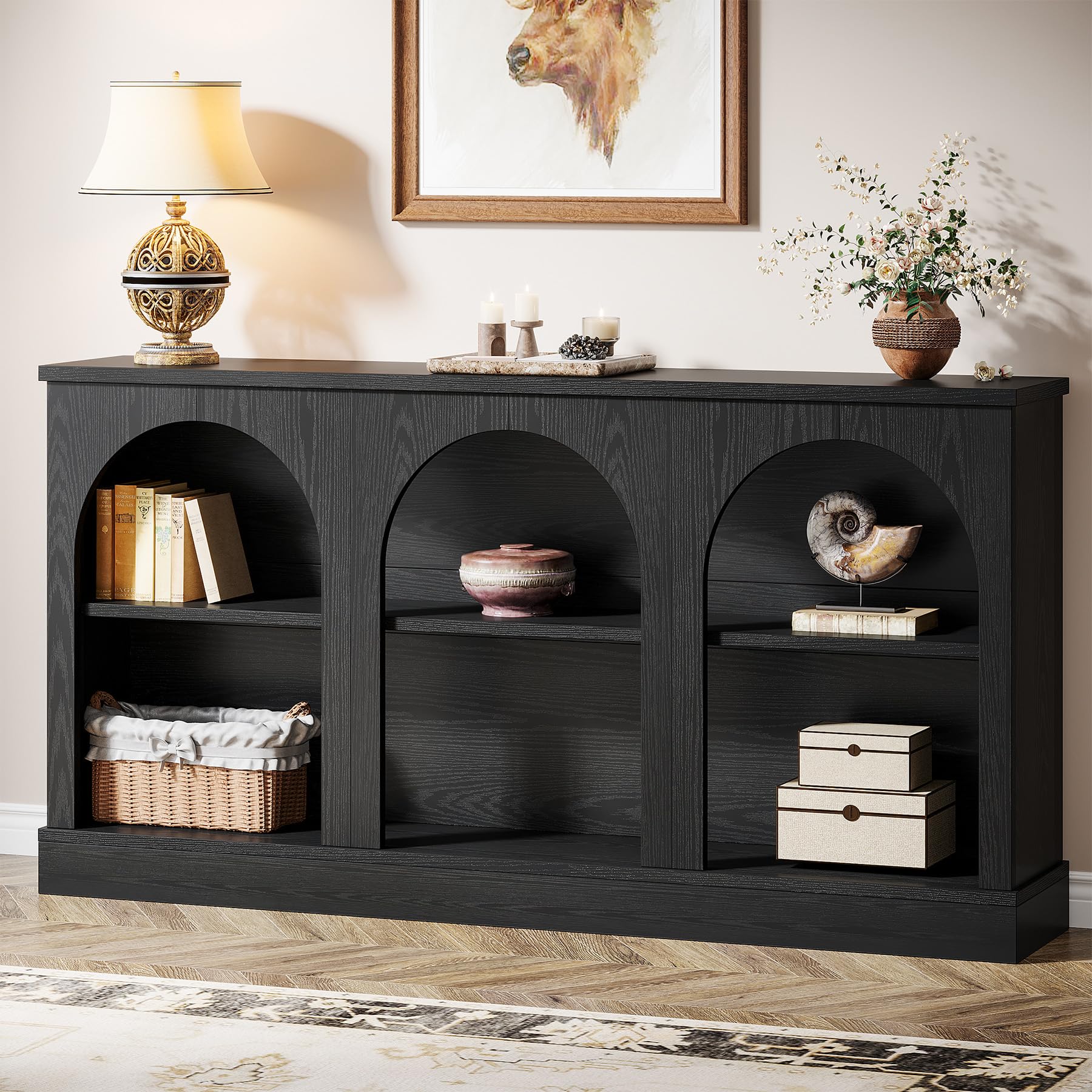 Tribesigns Farmhouse Console Table, 63-Inch Long Entryway Table with 3 Tier Storage, Wooden Rectangular Sofa Table Behind The Couch for Entrance, Hallway, Living Room, Brown | Entryway Table