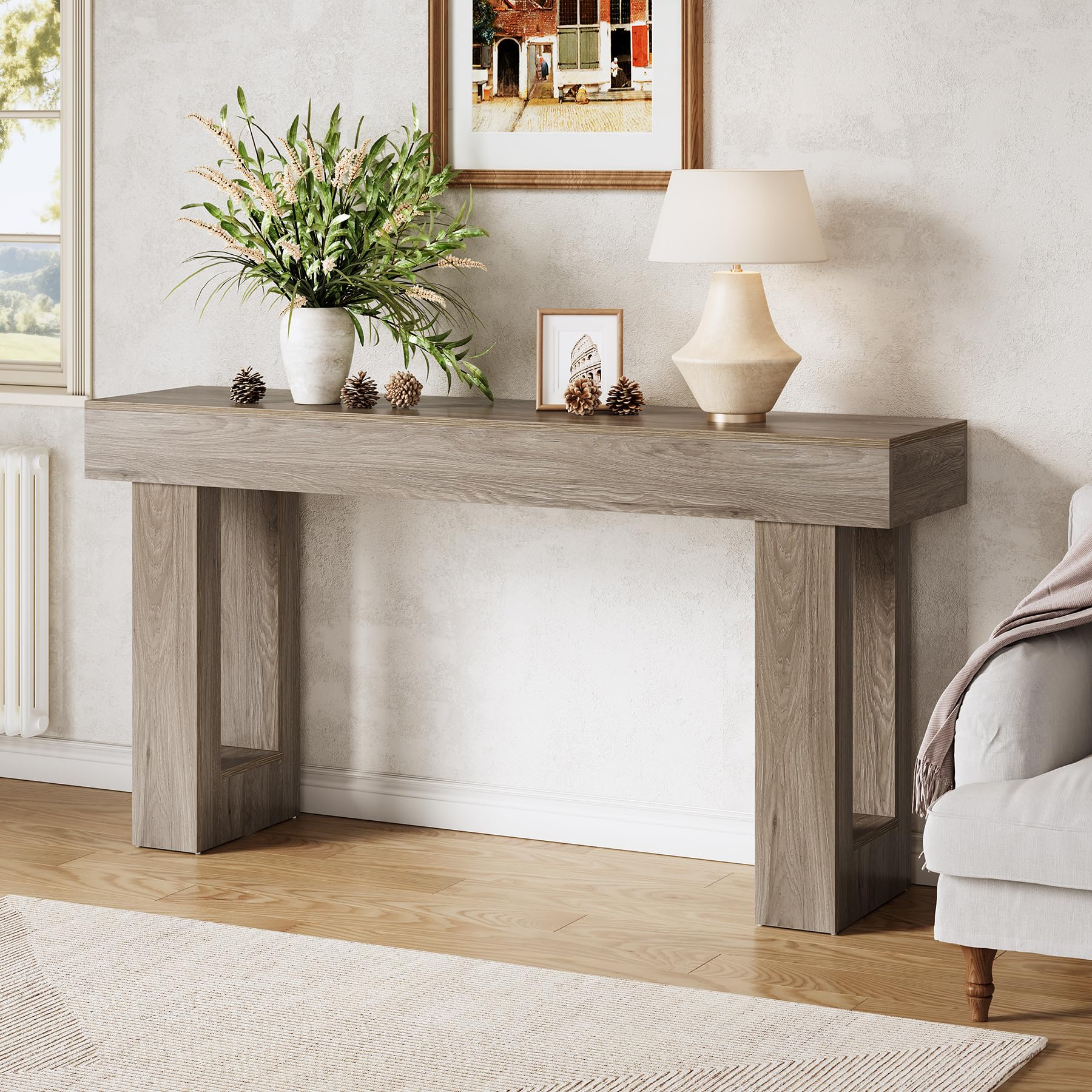 LITTLE TREE 63 Inches Long Console Table for Entryway, Sofa Table Behind Couch, Wooden Entry Table Foyer Hallway Table, Industrial Console Sofa Table for Living Room, Oak Color