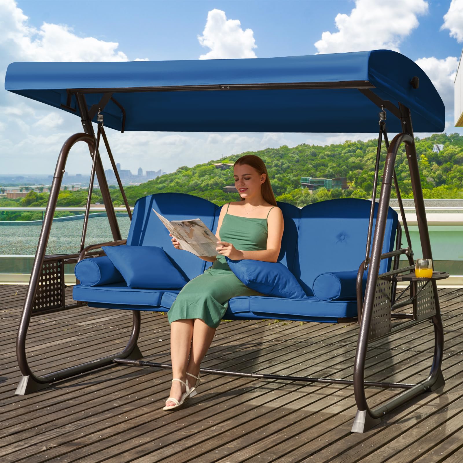 3 in 1 Outdoor Porch Swing with Adjustable Canopy, 3 Seat Outdoor Swing for Adults, Patio Swing Chair with Thickened Cushions,Pillows & Cup Holders for Backyard, Porch, Garden (Wine Red)