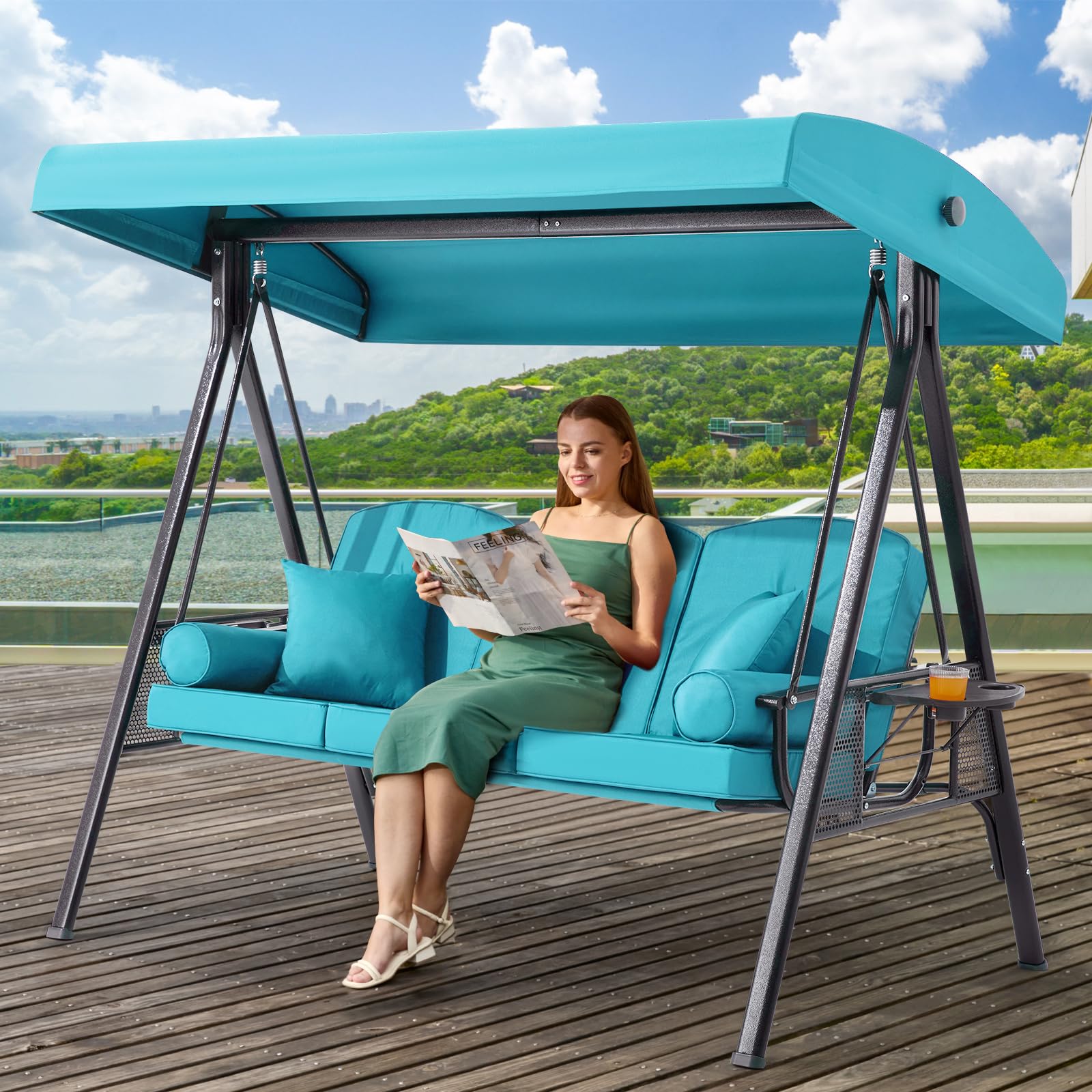 3 in 1 Outdoor Porch Swing with Adjustable Canopy, 3 Seat Outdoor Swing for Adults, Patio Swing Chair with Thickened Cushions,Pillows & Cup Holders for Backyard, Porch, Garden (Wine Red)