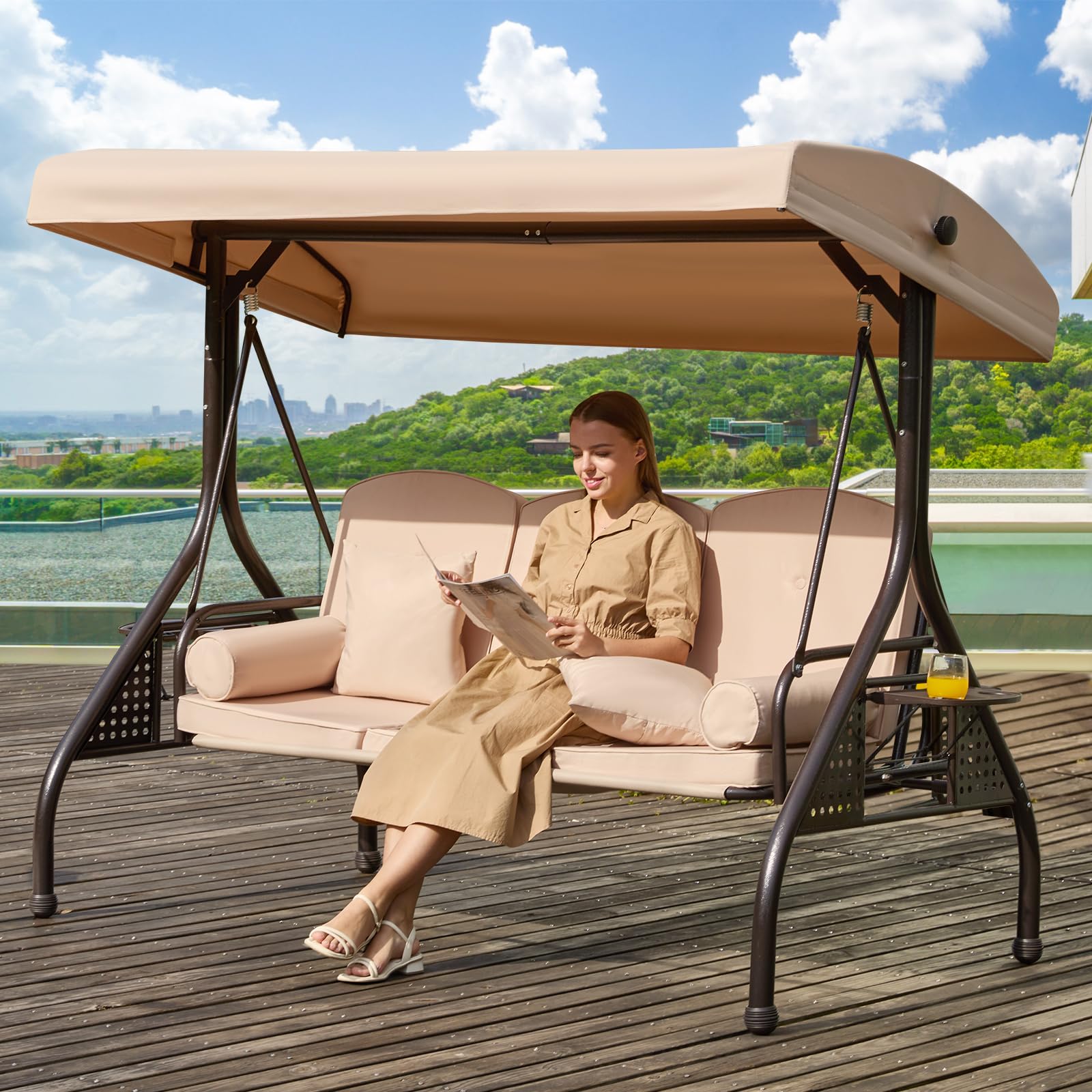 3 in 1 Outdoor Porch Swing with Adjustable Canopy, 3 Seat Outdoor Swing for Adults, Patio Swing Chair with Thickened Cushions,Pillows & Cup Holders for Backyard, Porch, Garden (Wine Red)