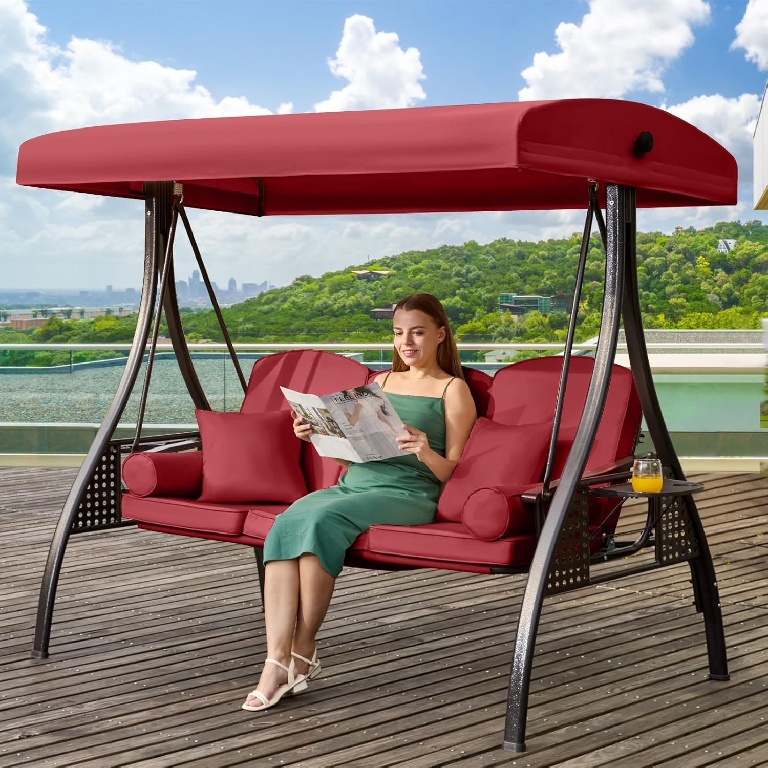 3 in 1 Outdoor Porch Swing with Adjustable Canopy, 3 Seat Outdoor Swing for Adults, Patio Swing Chair with Thickened Cushions,Pillows & Cup Holders for Backyard, Porch, Garden (Wine Red)