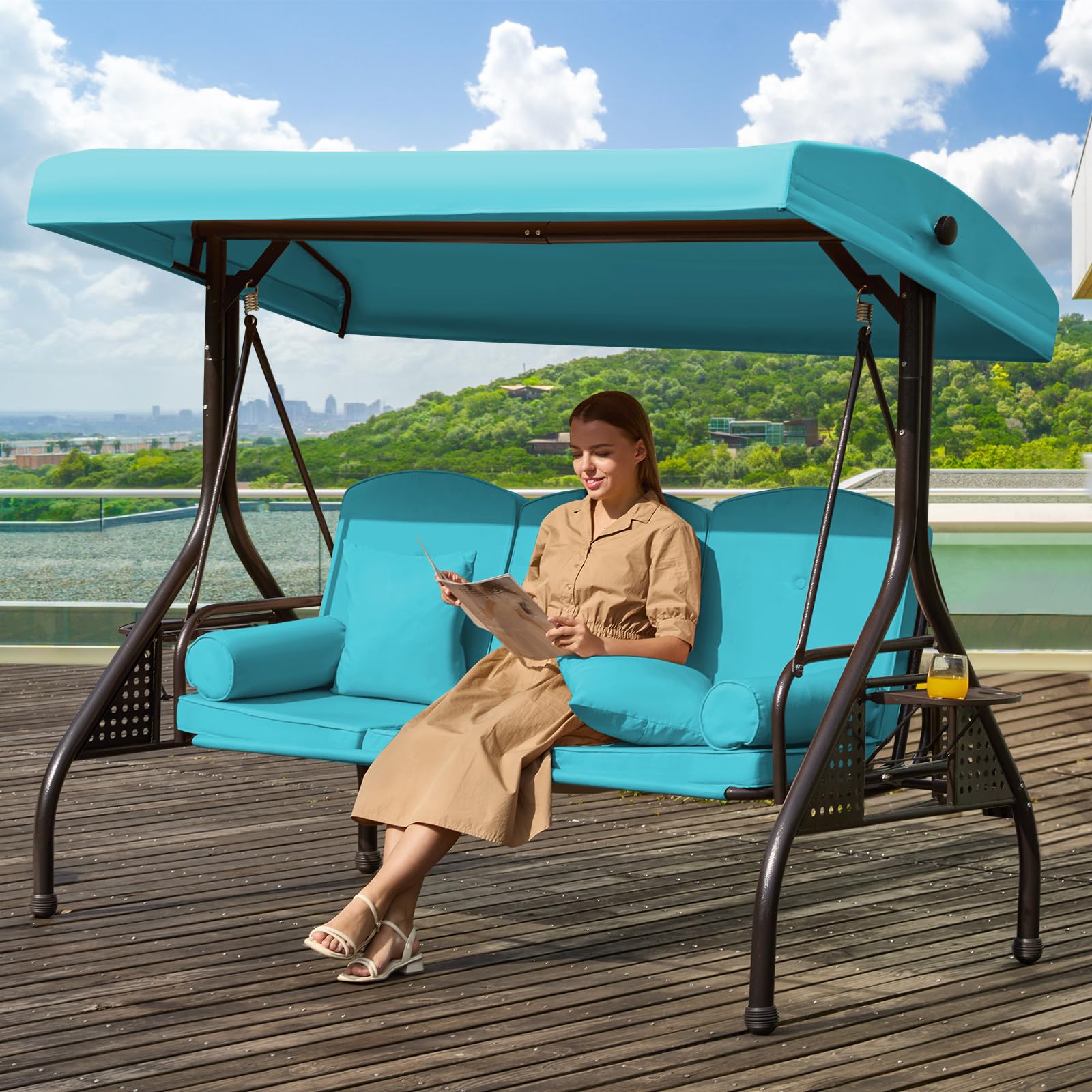 3 in 1 Outdoor Porch Swing with Adjustable Canopy, 3 Seat Outdoor Swing for Adults, Patio Swing Chair with Thickened Cushions,Pillows & Cup Holders for Backyard, Porch, Garden (Wine Red)