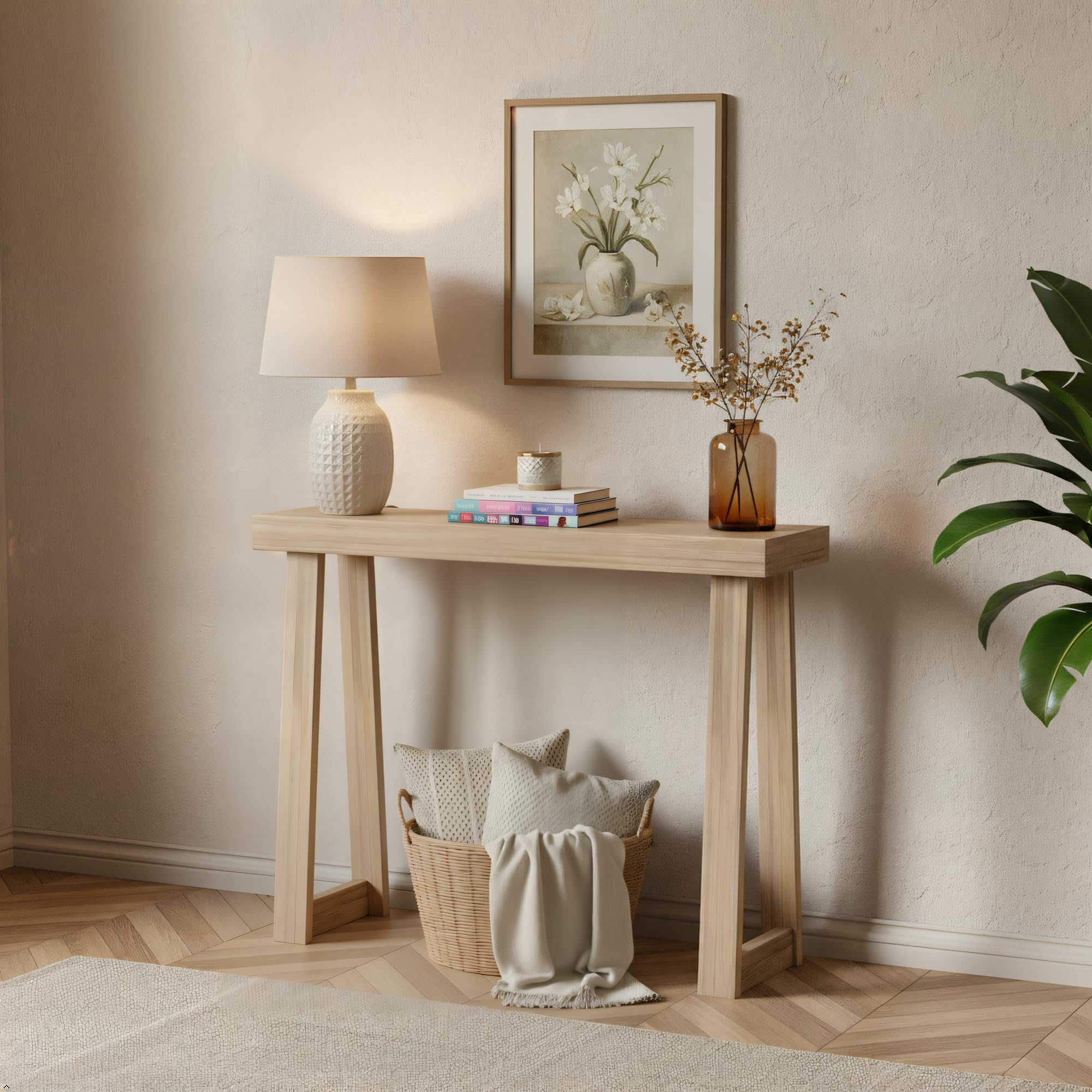 Plank+Beam Solid Wood Console Table, 56 Inch, Sofa Table, Narrow Entryway Table for Hallway, Behind The Couch, Living Room, Foyer, Easy Assembly, Blonde
