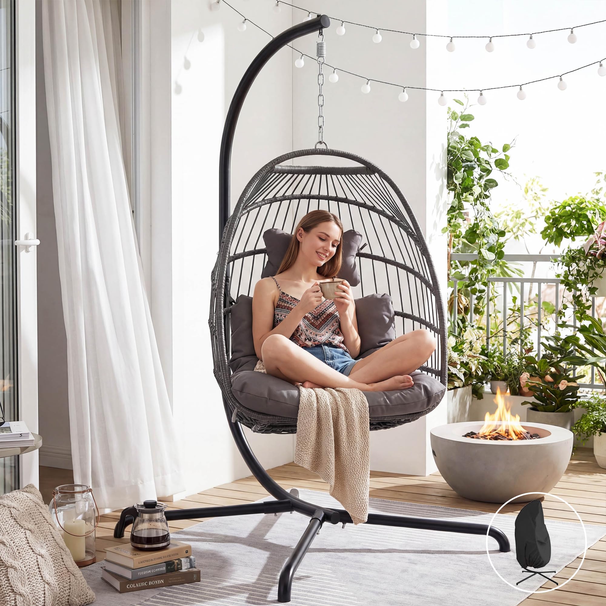 NICESOUL Hanging Egg Chair with Stand Indoor Outdoor, Comfy Patio Rattan Swing Hammock Chairs with Cushion, 350lbs Capacity Egg Shaped Chair for Lawn Backyard Balcony Bedroom, Birthday Gift, Beige