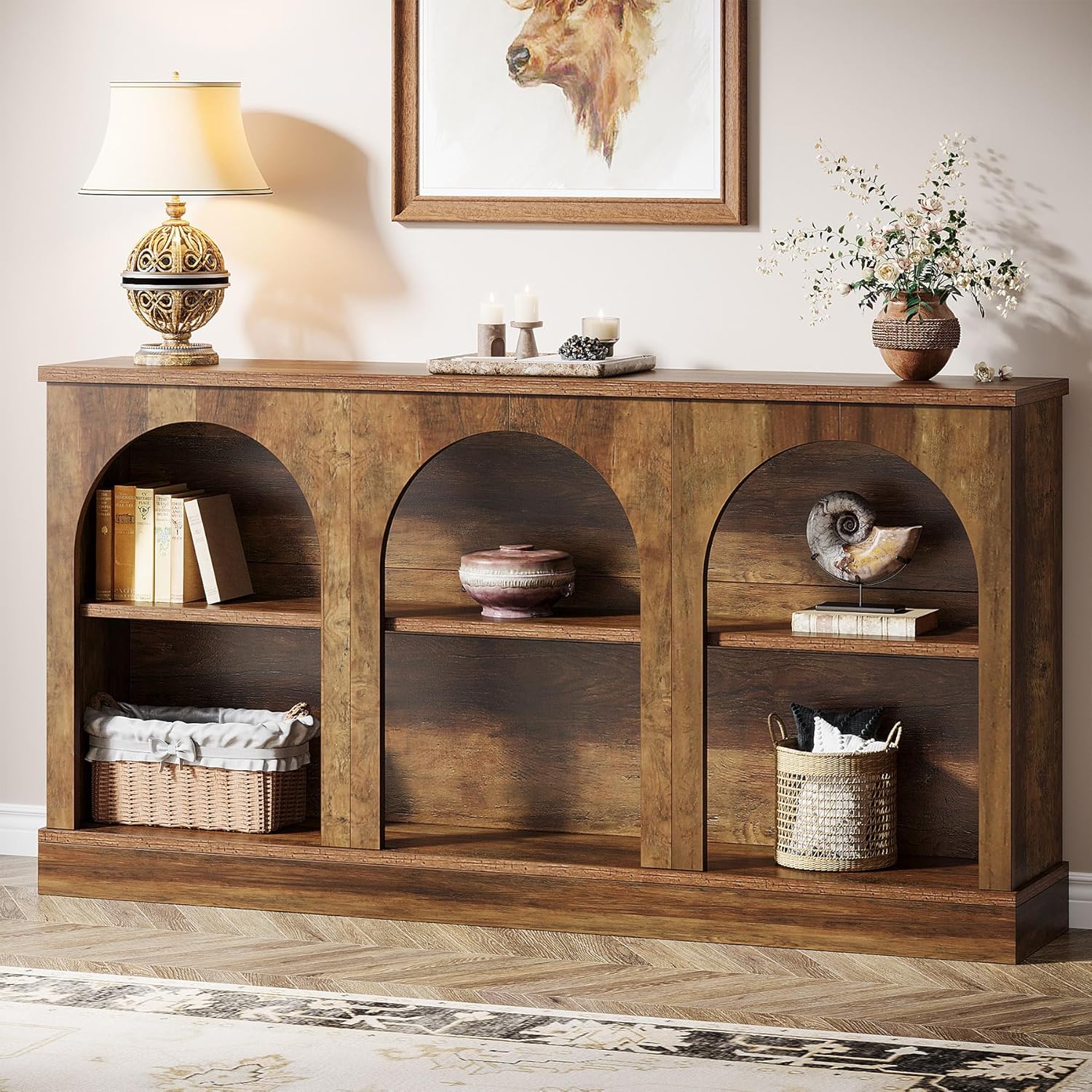 Tribesigns Farmhouse Console Table, 63-Inch Long Entryway Table with 3 Tier Storage, Wooden Rectangular Sofa Table Behind The Couch for Entrance, Hallway, Living Room, Brown | Entryway Table