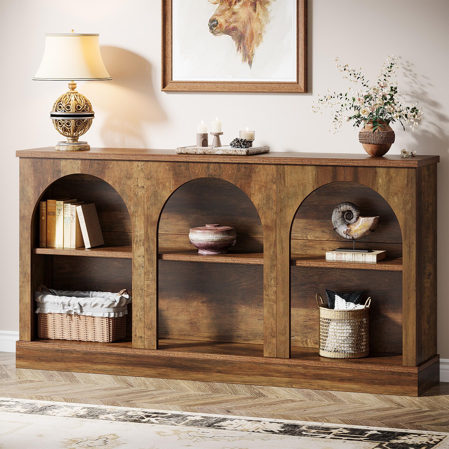 Tribesigns Farmhouse Console Table, 63-Inch Long Entryway Table with 3 Tier Storage, Wooden Rectangular Sofa Table Behind The Couch for Entrance, Hallway, Living Room, Brown | Entryway Table
