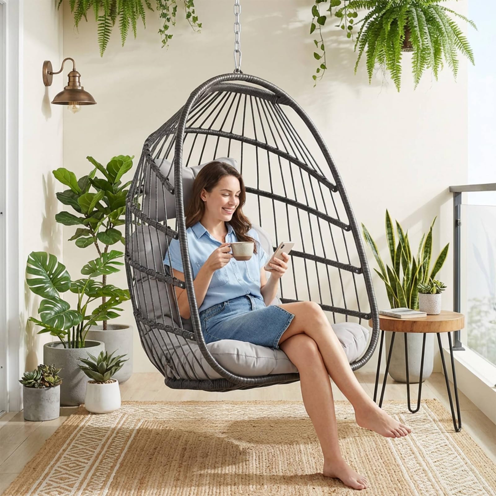 NICESOUL Hanging Egg Chair with Stand Indoor Outdoor, Comfy Patio Rattan Swing Hammock Chairs with Cushion, 350lbs Capacity Egg Shaped Chair for Lawn Backyard Balcony Bedroom, Birthday Gift, Beige