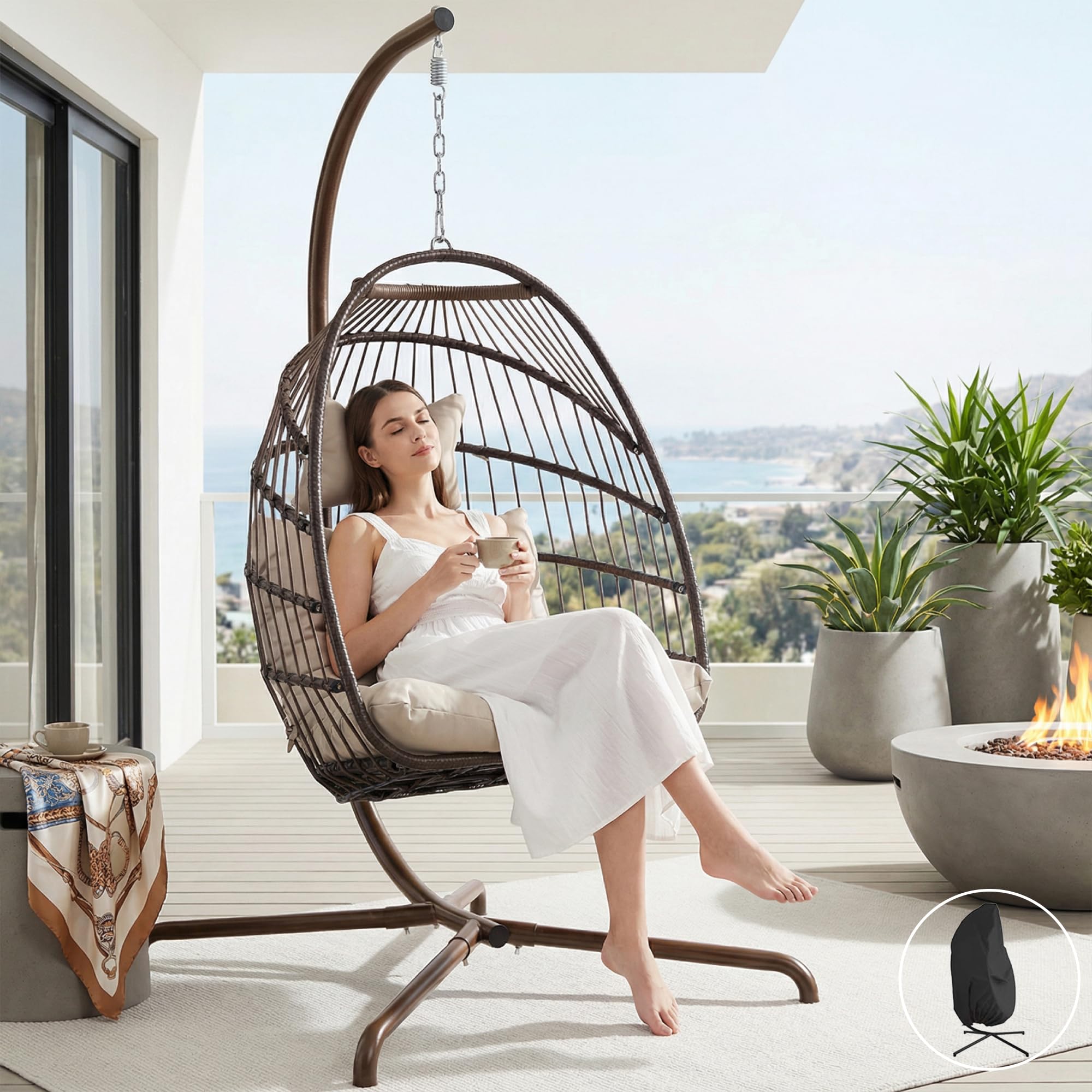 NICESOUL Hanging Egg Chair with Stand Indoor Outdoor, Comfy Patio Rattan Swing Hammock Chairs with Cushion, 350lbs Capacity Egg Shaped Chair for Lawn Backyard Balcony Bedroom, Birthday Gift, Beige