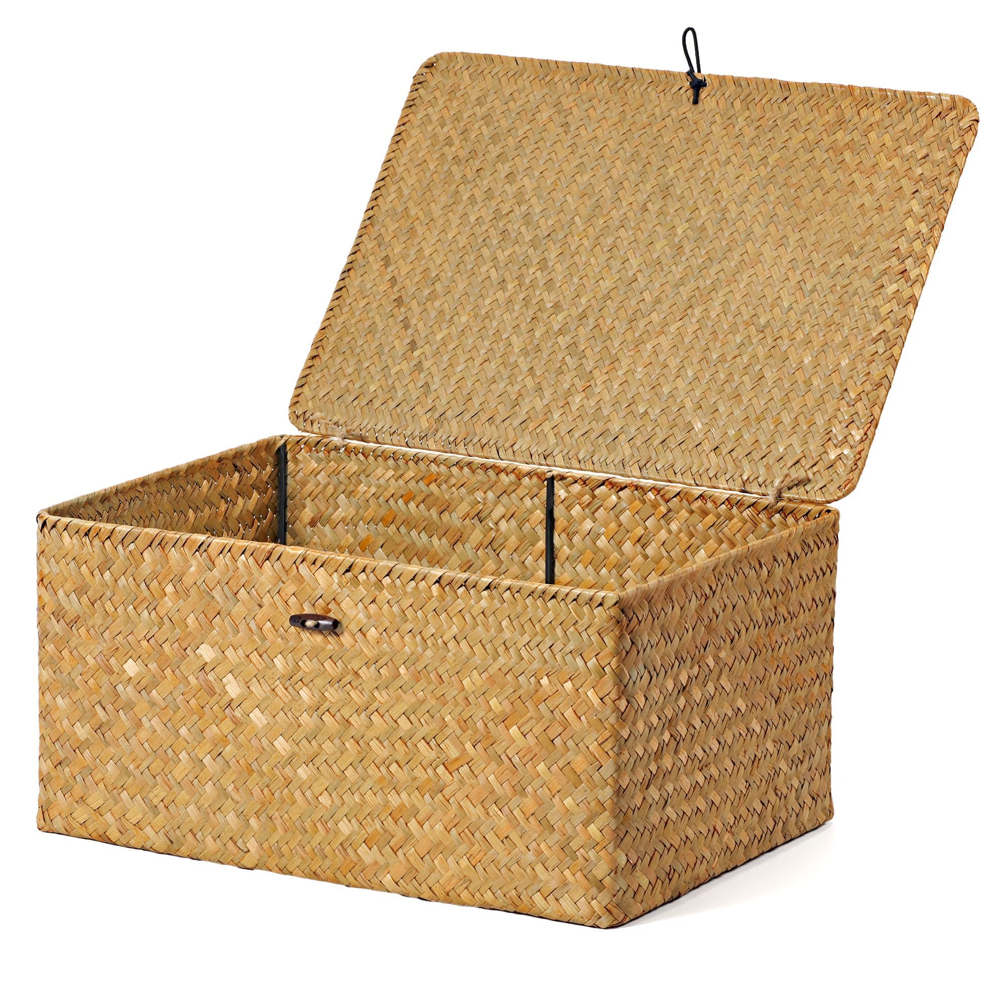 Nonam Storage Basket with Lid, Natural Seagrass Bin with Lid Set of 3, Shelf Baskets Multipurpose Container for Boho Decoration, Rectangular Household Storage Boxes for Home Organization-Natural