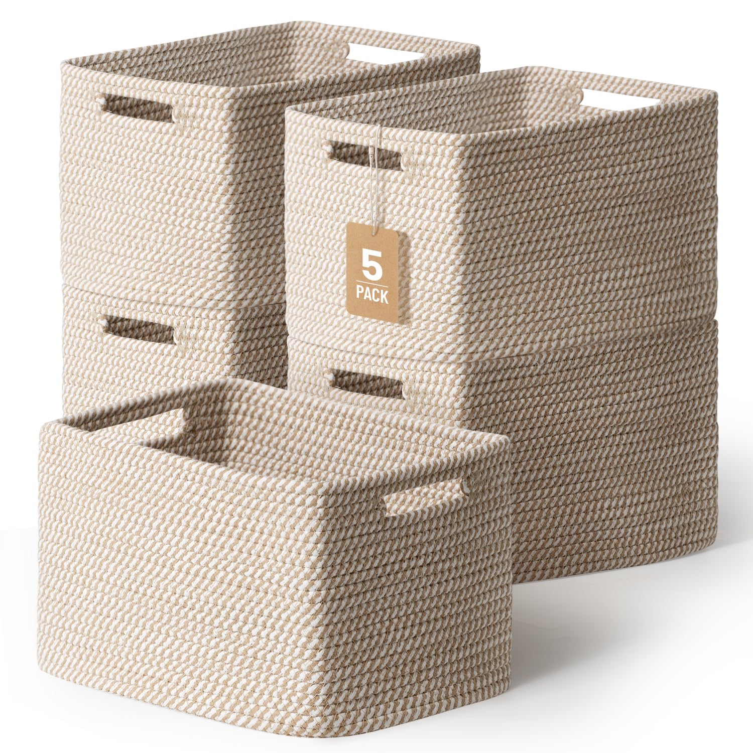 5 Pack Woven Storage Baskets for Shelves, Decorative Basket Organizer Storage Bins for Toys, Books, Clothes, Closet, Nursery, Bathroom – Cotton Rope Shelf Baskets for Organizing and Decor, Khaki