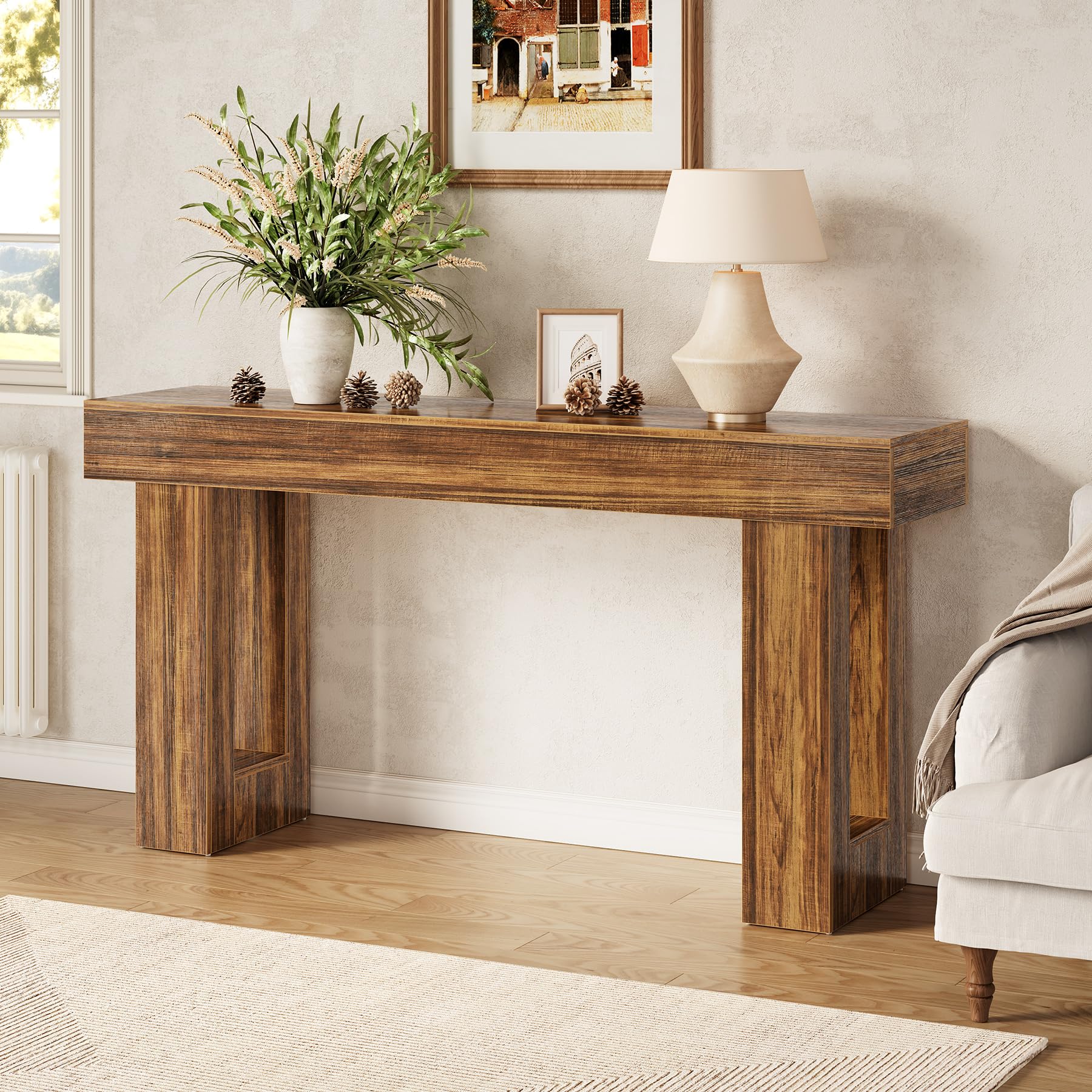 LITTLE TREE 63 Inches Long Console Table for Entryway, Sofa Table Behind Couch, Wooden Entry Table Foyer Hallway Table, Industrial Console Sofa Table for Living Room, Oak Color