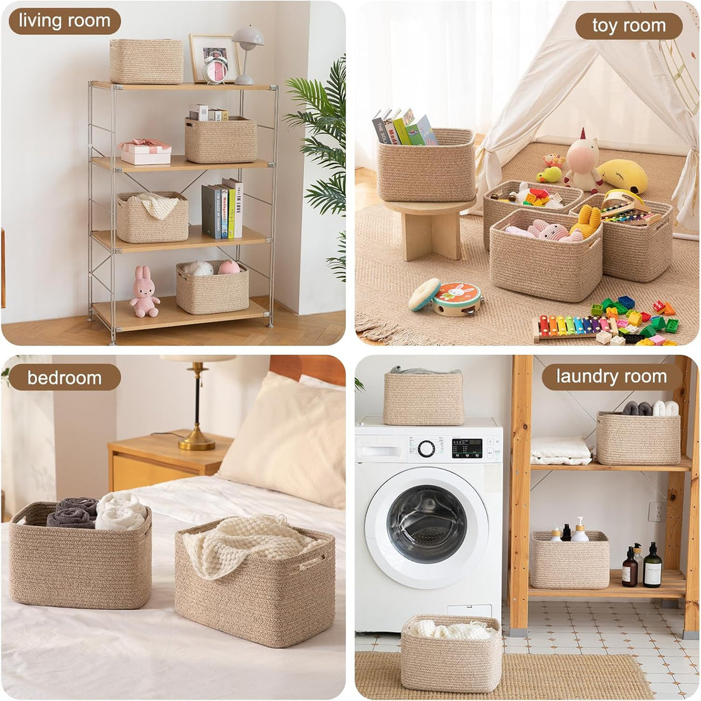OIASKET Storage Baskets for Organizing, Woven Decorative Baskets for Shelves - Books, Towels, and Clothes, Cotton Rope Toy Storage Bins, 12.7''Lx9''Wx7.8''H, Pack of 4, Brown