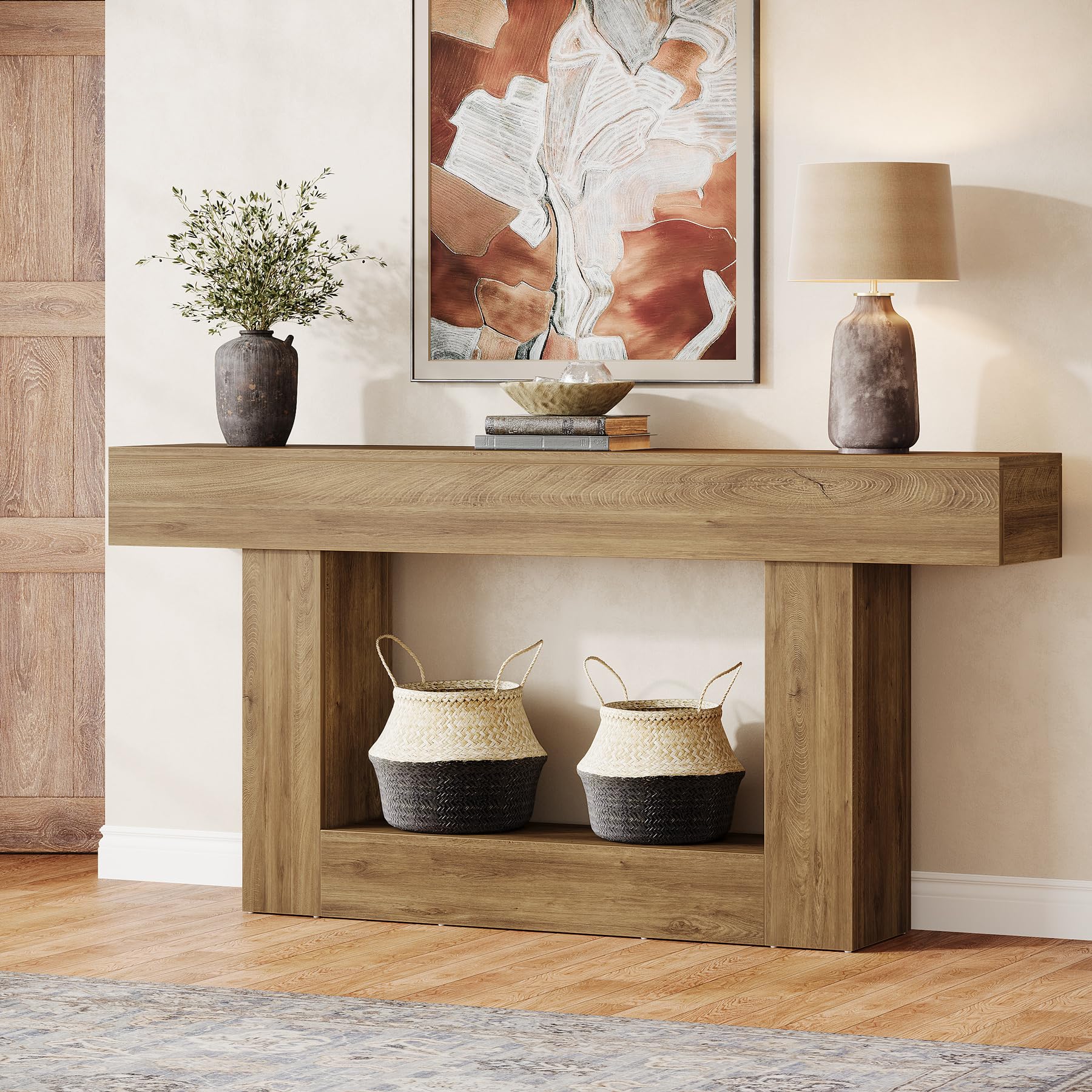 Tribesigns 63-Inch Long Console Table, 2-Tier Entryway Table Sofa Table with Storage, Farmhouse Wood Behind Couch Tables for Living Room, Hallway, Rustic Brown & Gray