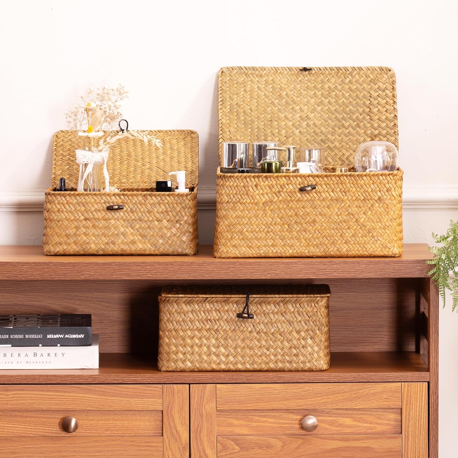 Nonam Storage Basket with Lid, Natural Seagrass Bin with Lid Set of 3, Shelf Baskets Multipurpose Container for Boho Decoration, Rectangular Household Storage Boxes for Home Organization-Natural