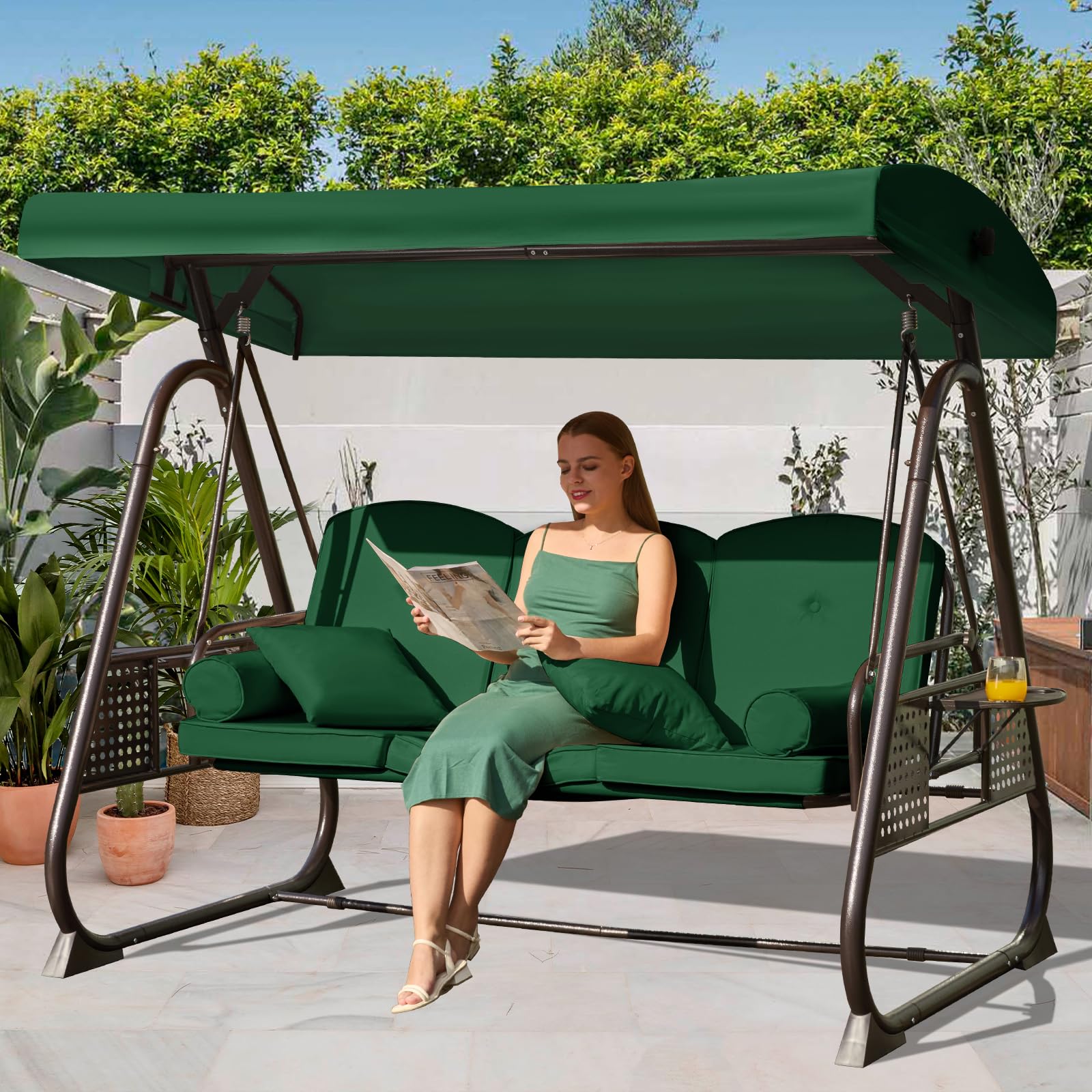 3 in 1 Outdoor Porch Swing with Adjustable Canopy, 3 Seat Outdoor Swing for Adults, Patio Swing Chair with Thickened Cushions,Pillows & Cup Holders for Backyard, Porch, Garden (Wine Red)