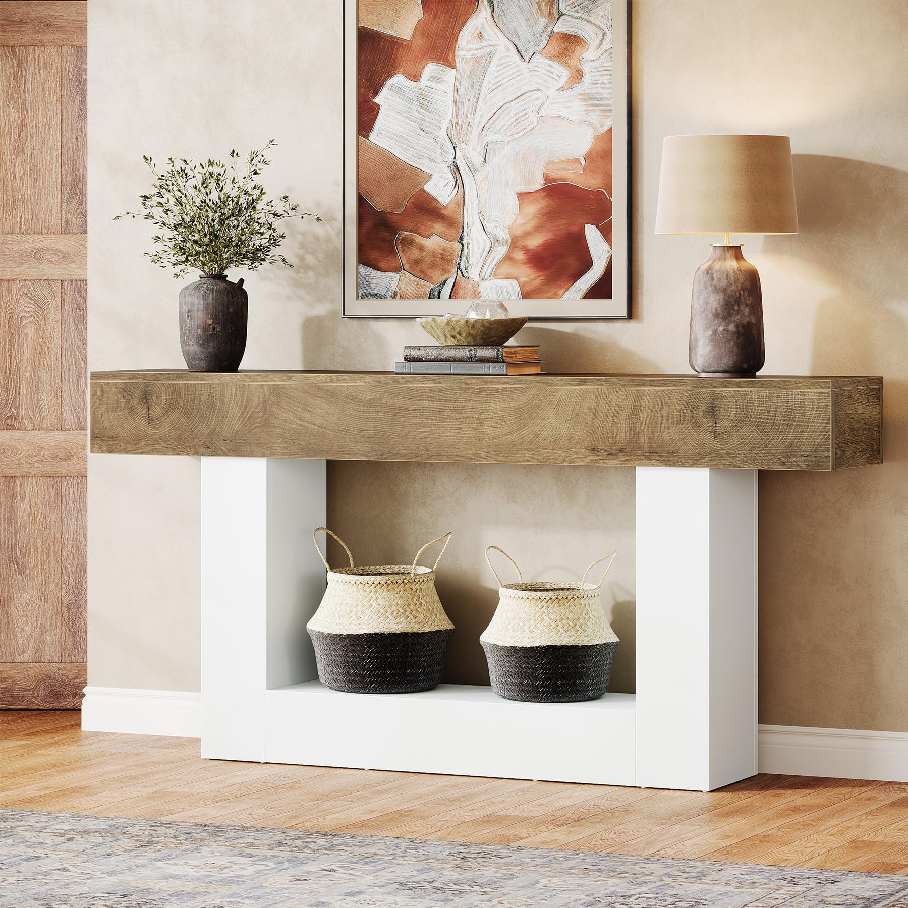 Tribesigns 63-Inch Long Console Table, 2-Tier Entryway Table Sofa Table with Storage, Farmhouse Wood Behind Couch Tables for Living Room, Hallway, Rustic Brown & Gray