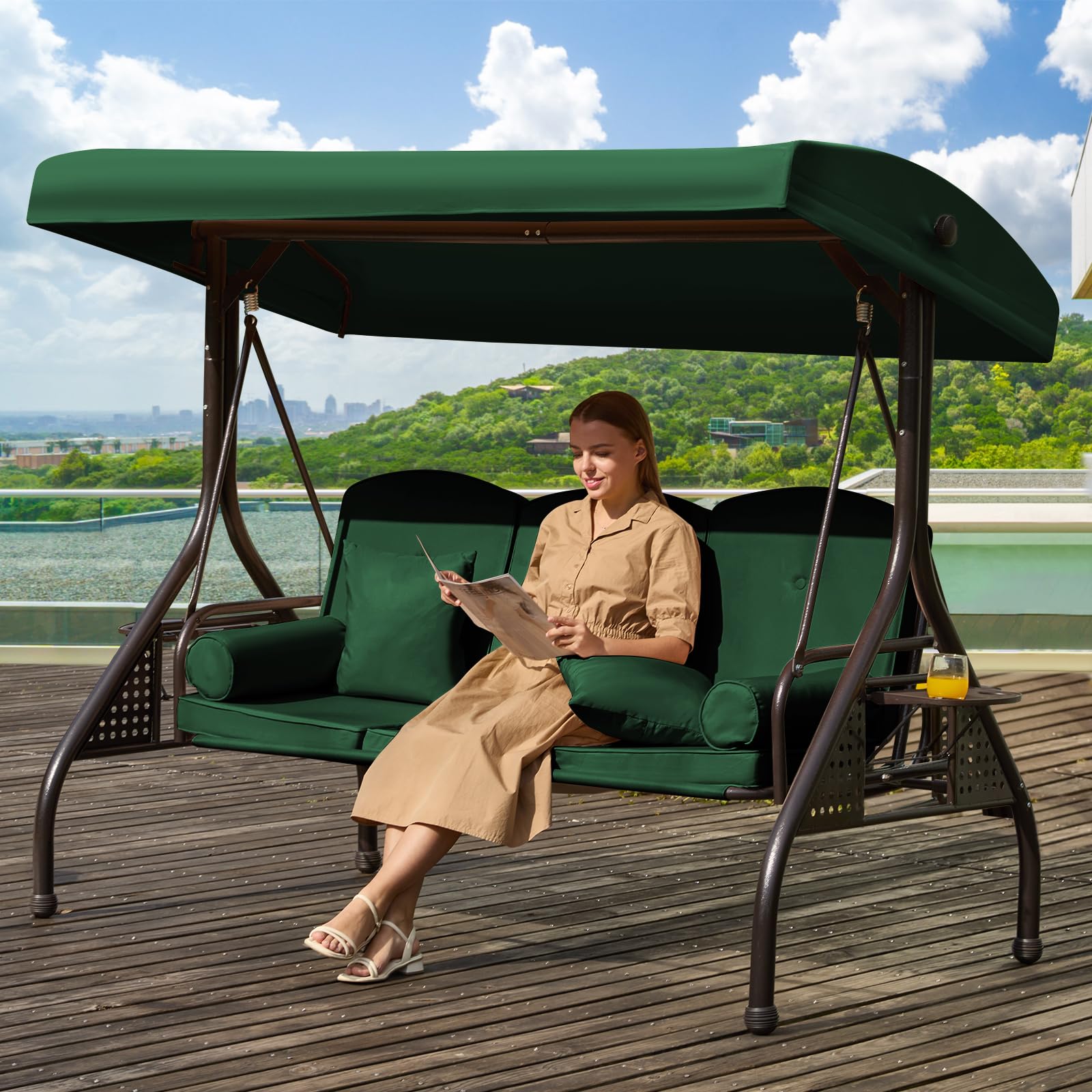 3 in 1 Outdoor Porch Swing with Adjustable Canopy, 3 Seat Outdoor Swing for Adults, Patio Swing Chair with Thickened Cushions,Pillows & Cup Holders for Backyard, Porch, Garden (Wine Red)