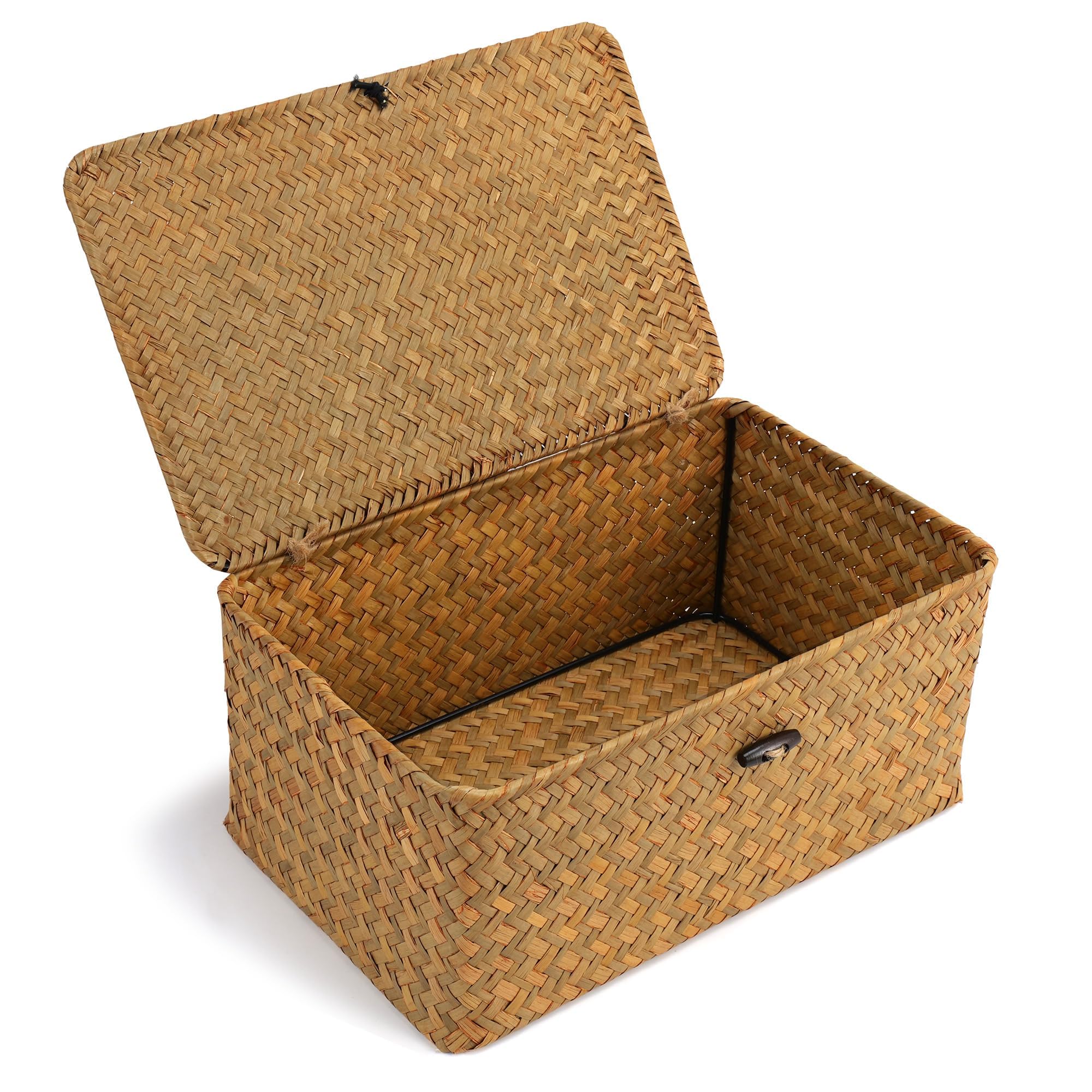 Nonam Storage Basket with Lid, Natural Seagrass Bin with Lid Set of 3, Shelf Baskets Multipurpose Container for Boho Decoration, Rectangular Household Storage Boxes for Home Organization-Natural