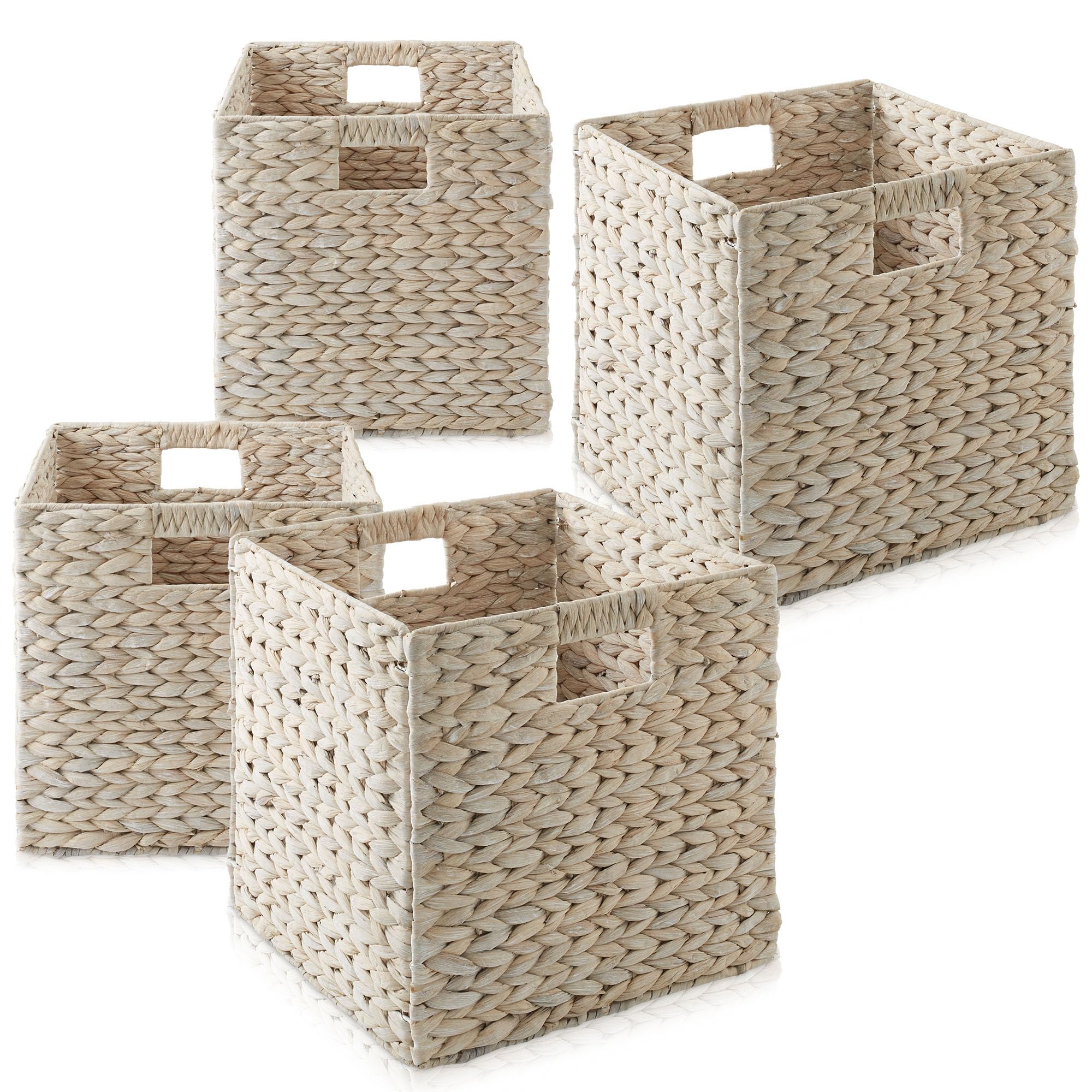 Casafield 12" x 12" Water Hyacinth Storage Baskets, Natural - Set of 6 Collapsible Cube Organizers, Woven Bins for Bathroom, Bedroom, Laundry, Pantry, Shelves