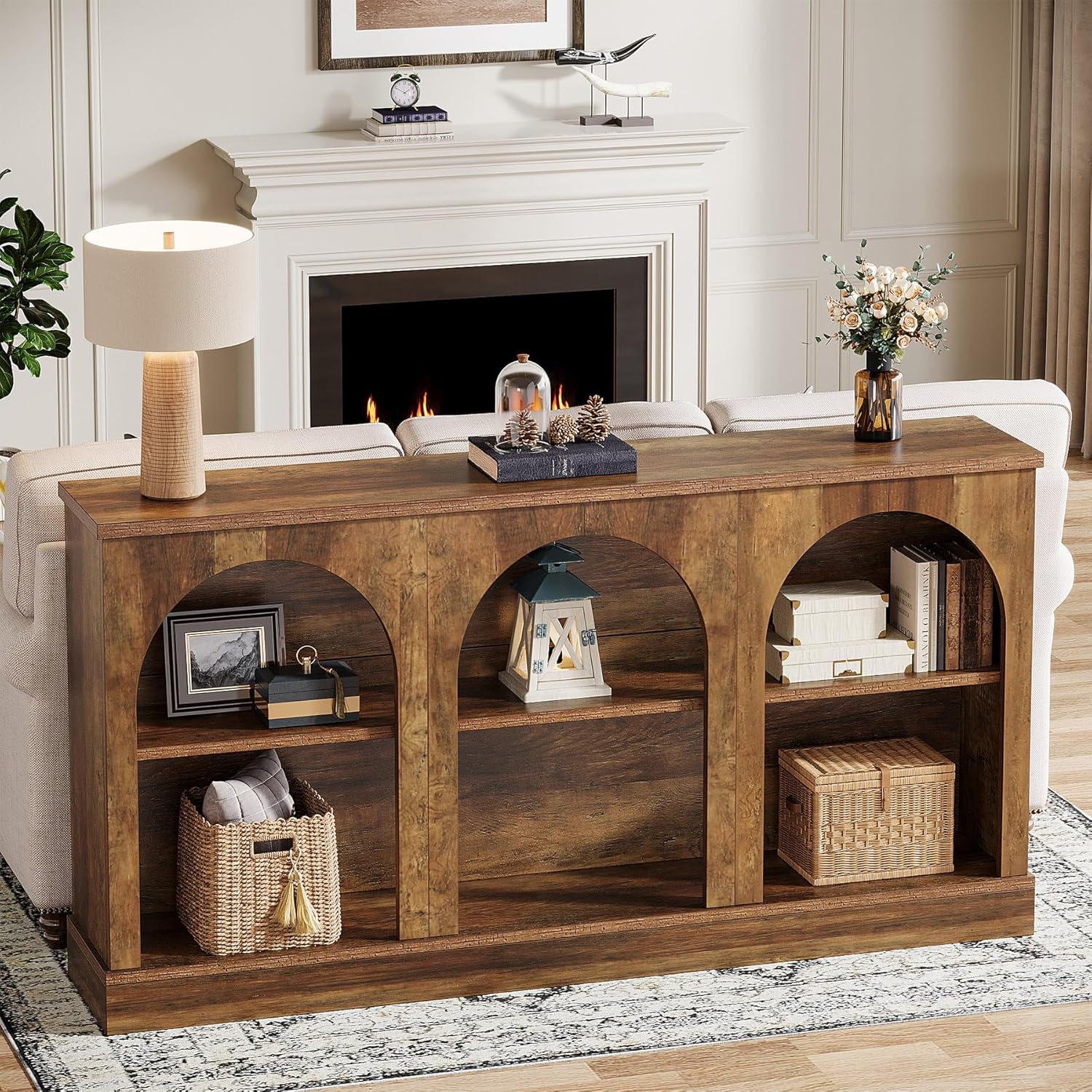 Tribesigns Farmhouse Console Table, 63-Inch Long Entryway Table with 3 Tier Storage, Wooden Rectangular Sofa Table Behind The Couch for Entrance, Hallway, Living Room, Brown | Entryway Table