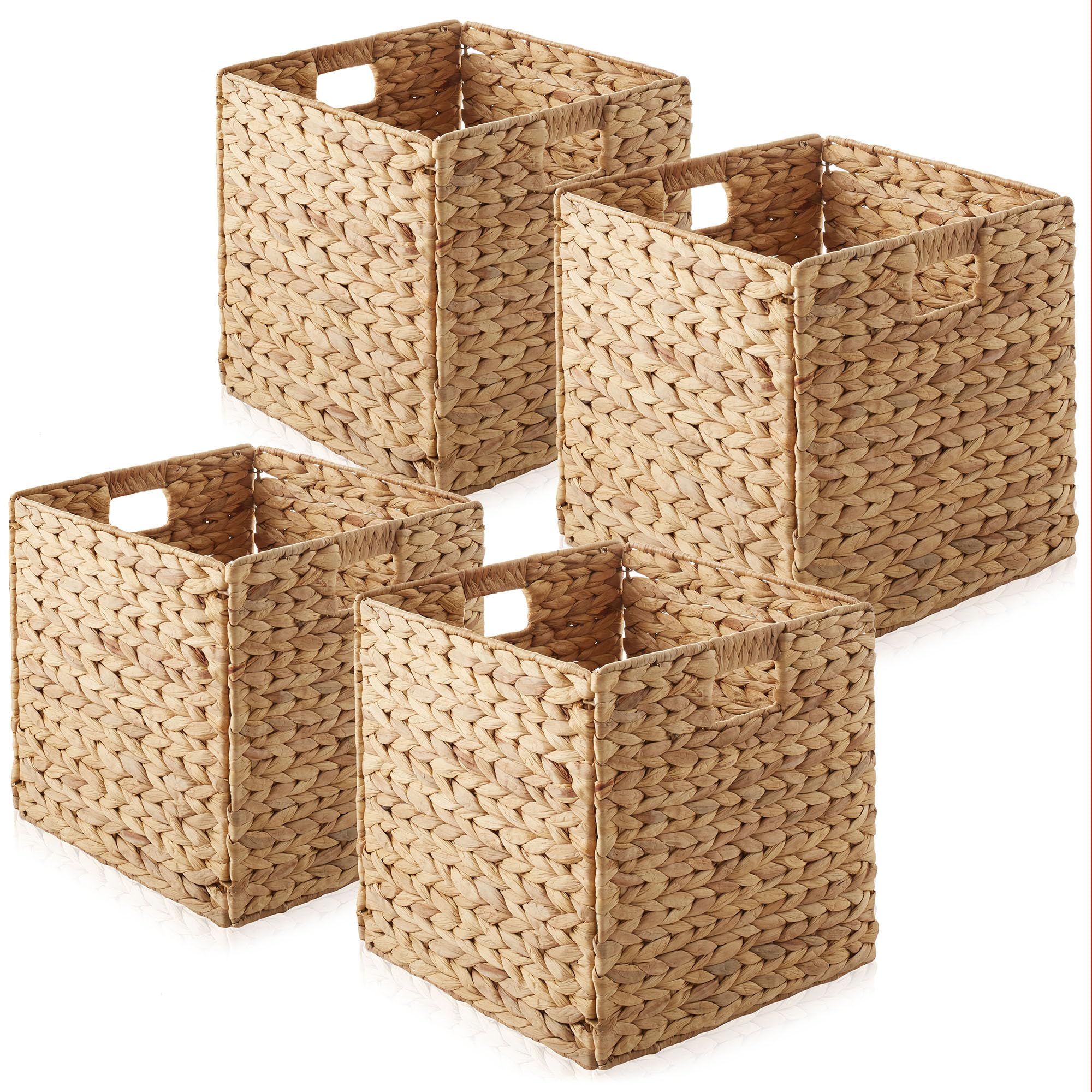 Casafield 12" x 12" Water Hyacinth Storage Baskets, Natural - Set of 6 Collapsible Cube Organizers, Woven Bins for Bathroom, Bedroom, Laundry, Pantry, Shelves