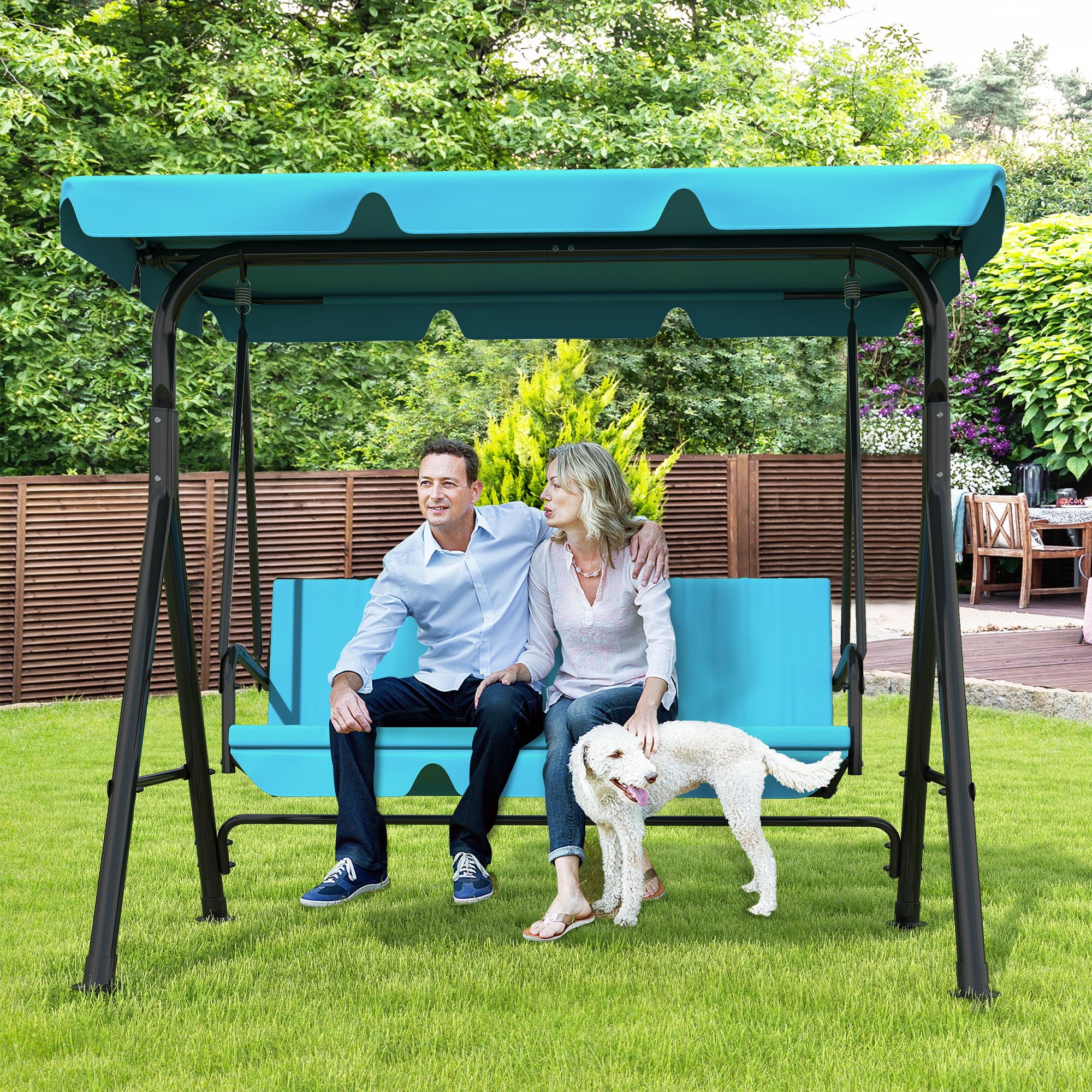 3-Seat Patio Swing Chair,Outdoor Porch Swing with Adjustable Canopy and Durable Steel Frame for Patio, Garden, Poolside (Black)