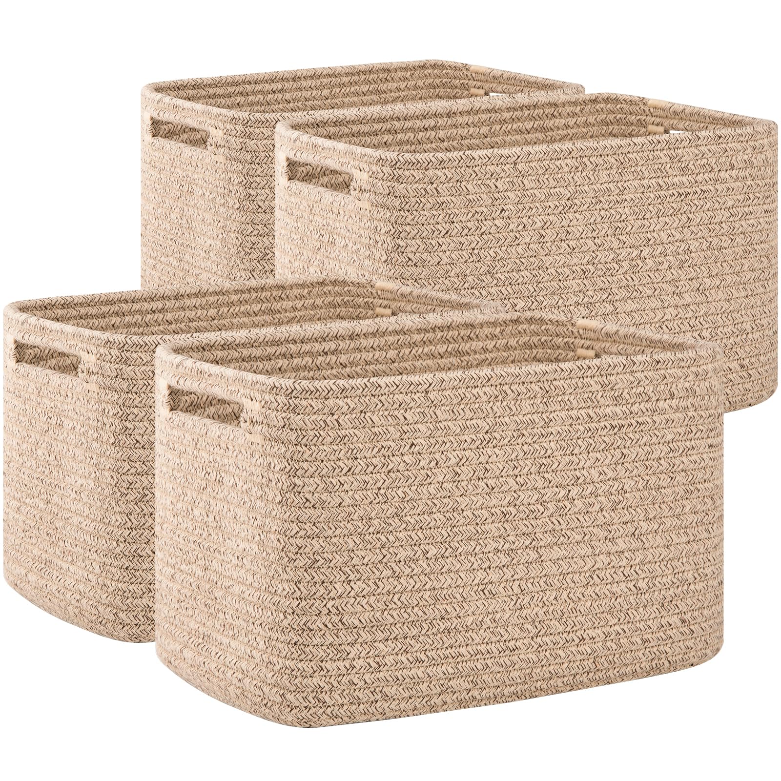 OIAHOMY 4 Pack Storage Baskets for Organizing, Cube Storage Bins for Shelves, Rectangle Storage Baskets With Handles, Woven Baskets for Storage, 12.7''Lx9''Wx7.8''H, Mixed Brown