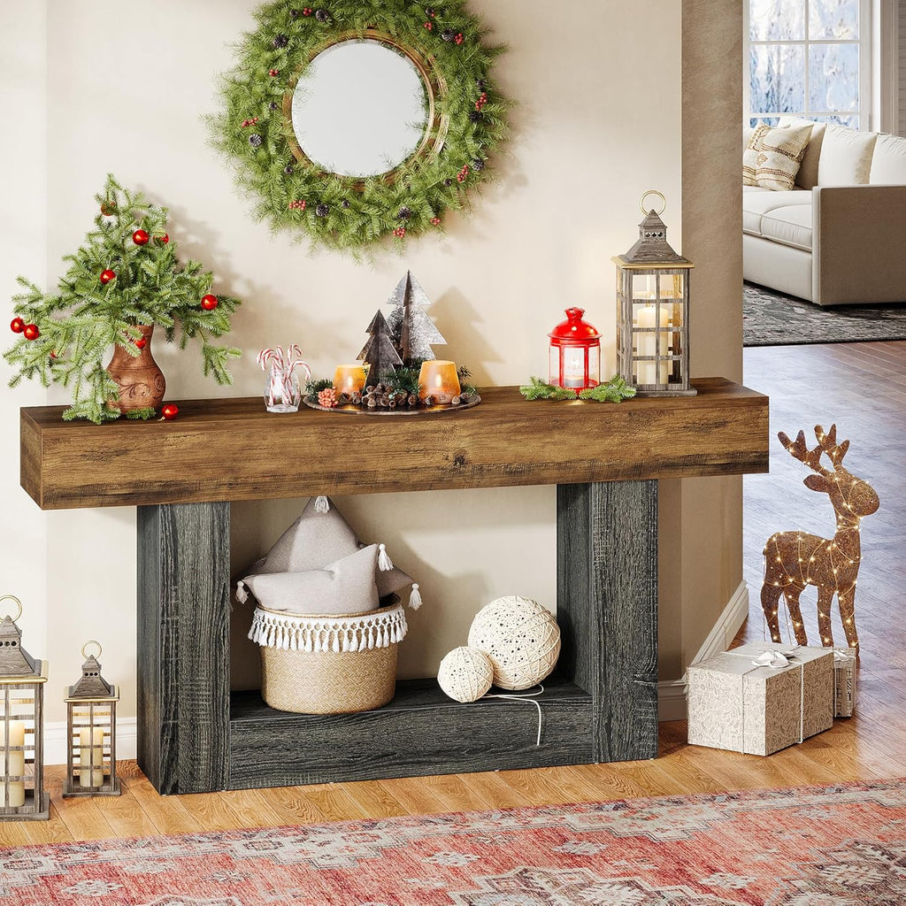 Tribesigns 63-Inch Long Console Table, 2-Tier Entryway Table Sofa Table with Storage, Farmhouse Wood Behind Couch Tables for Living Room, Hallway, Rustic Brown & Gray