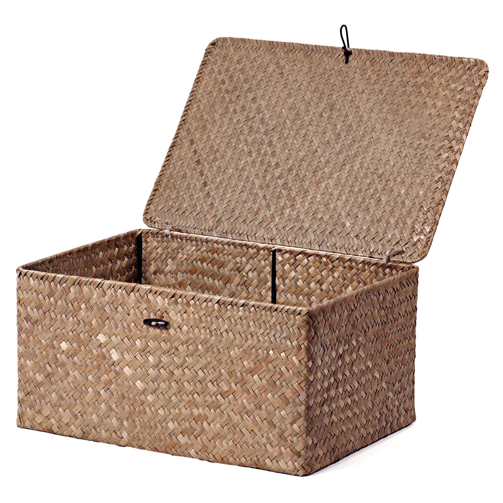 Nonam Storage Basket with Lid, Natural Seagrass Bin with Lid Set of 3, Shelf Baskets Multipurpose Container for Boho Decoration, Rectangular Household Storage Boxes for Home Organization-Natural