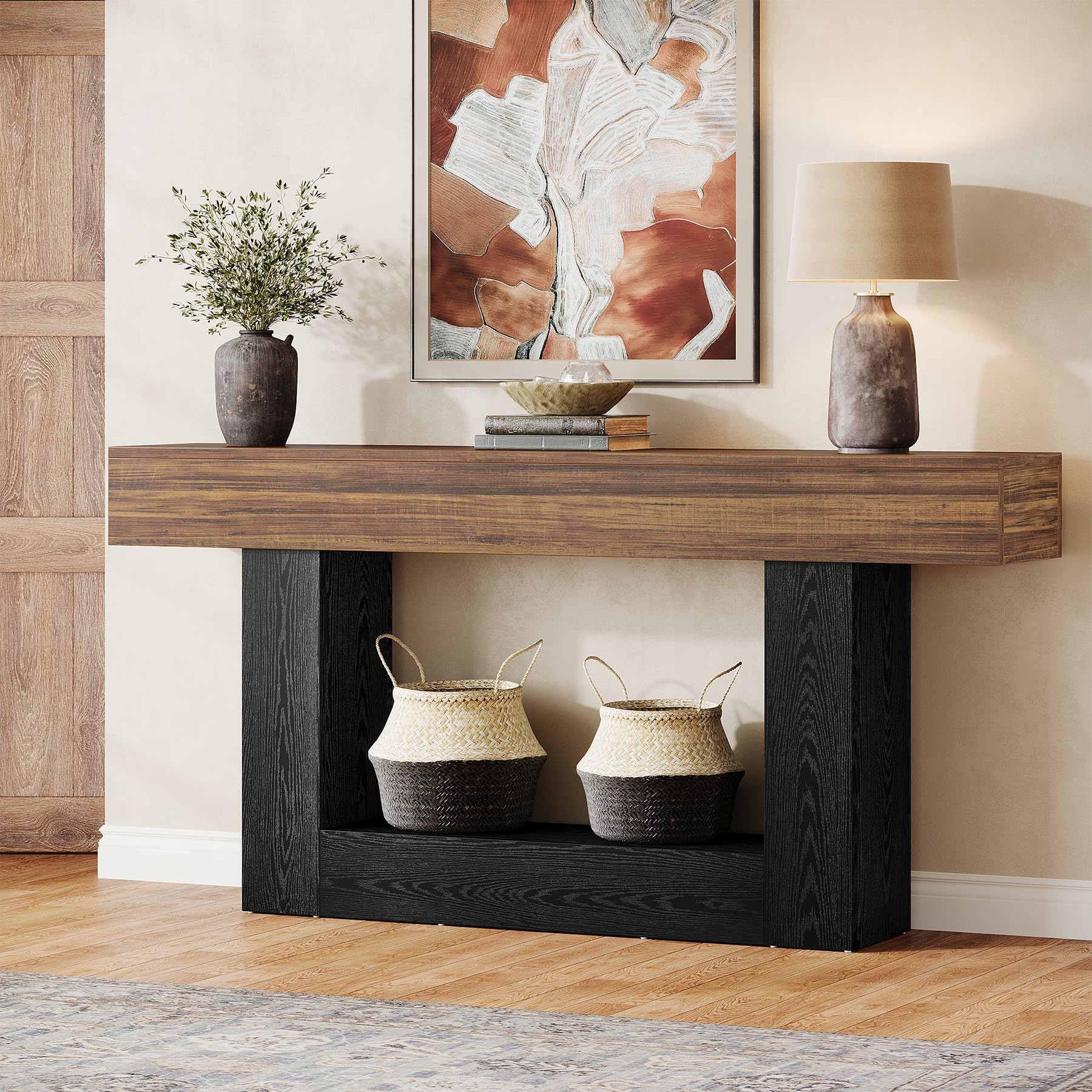 Tribesigns 63-Inch Long Console Table, 2-Tier Entryway Table Sofa Table with Storage, Farmhouse Wood Behind Couch Tables for Living Room, Hallway, Rustic Brown & Gray