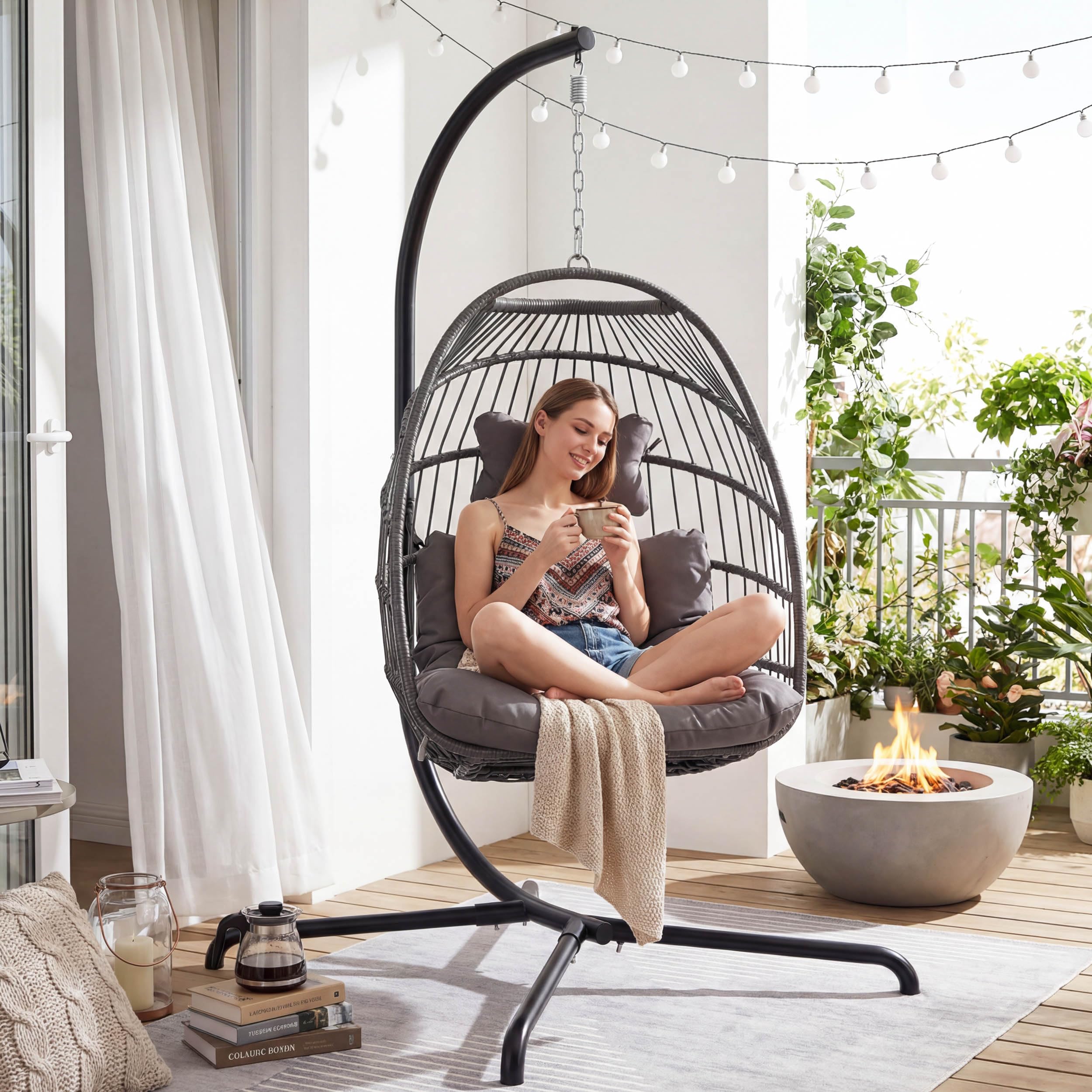 NICESOUL Hanging Egg Chair with Stand Indoor Outdoor, Comfy Patio Rattan Swing Hammock Chairs with Cushion, 350lbs Capacity Egg Shaped Chair for Lawn Backyard Balcony Bedroom, Birthday Gift, Beige