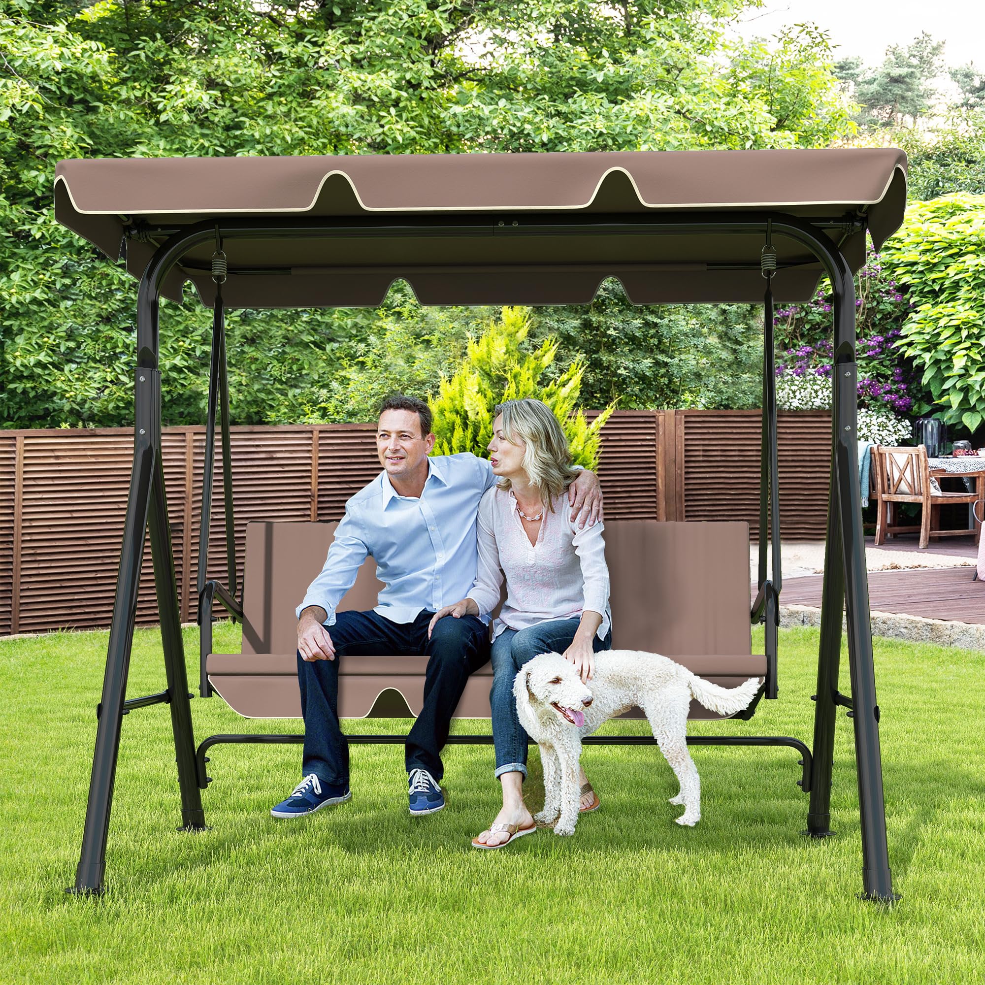 3-Seat Patio Swing Chair,Outdoor Porch Swing with Adjustable Canopy and Durable Steel Frame for Patio, Garden, Poolside (Black)