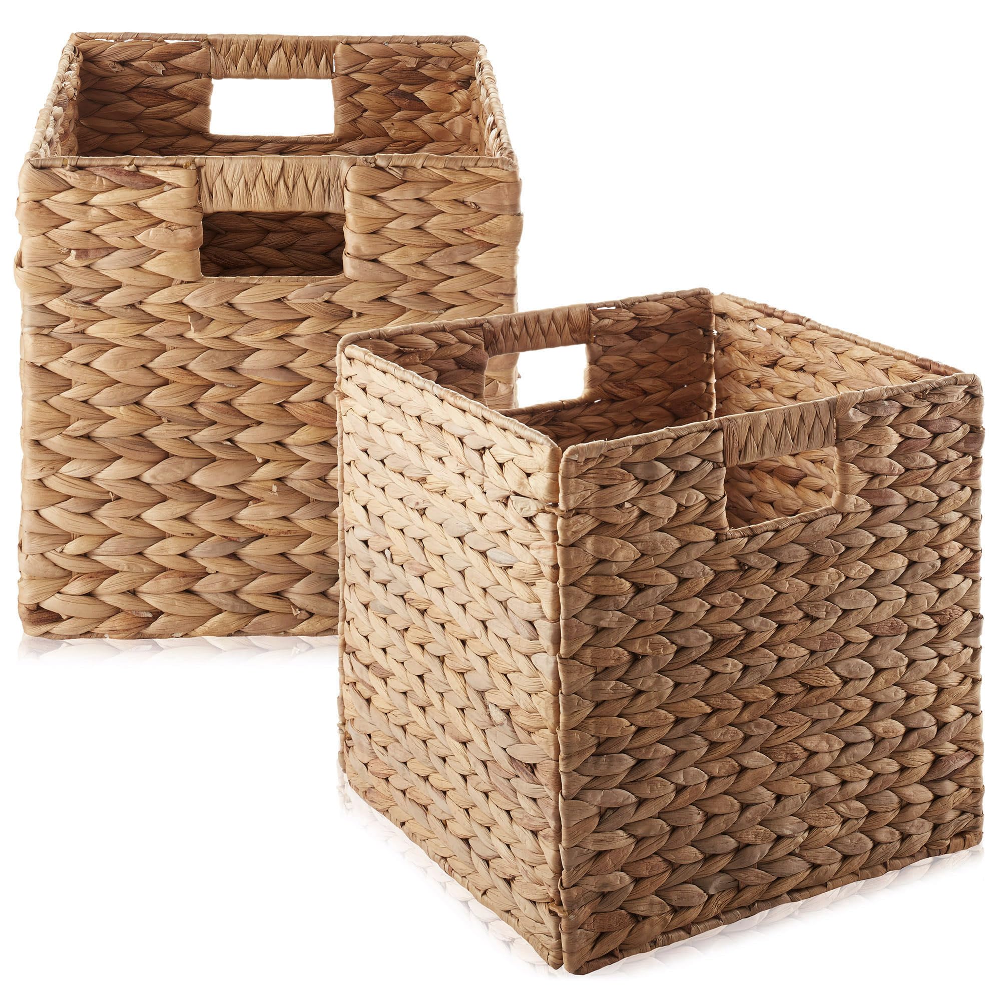 Casafield 12" x 12" Water Hyacinth Storage Baskets, Natural - Set of 6 Collapsible Cube Organizers, Woven Bins for Bathroom, Bedroom, Laundry, Pantry, Shelves