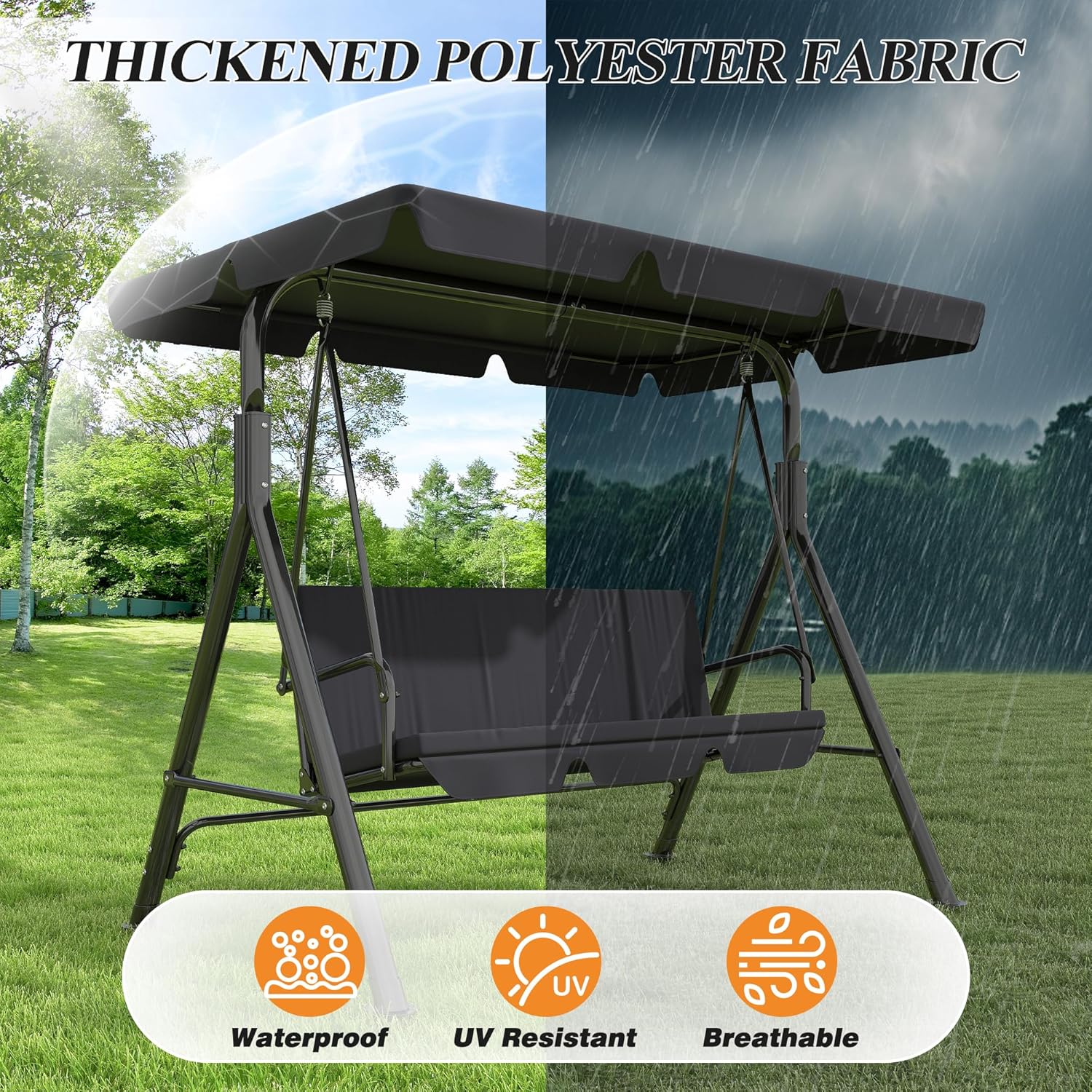 3-Seat Patio Swing Chair,Outdoor Porch Swing with Adjustable Canopy and Durable Steel Frame for Patio, Garden, Poolside (Black)