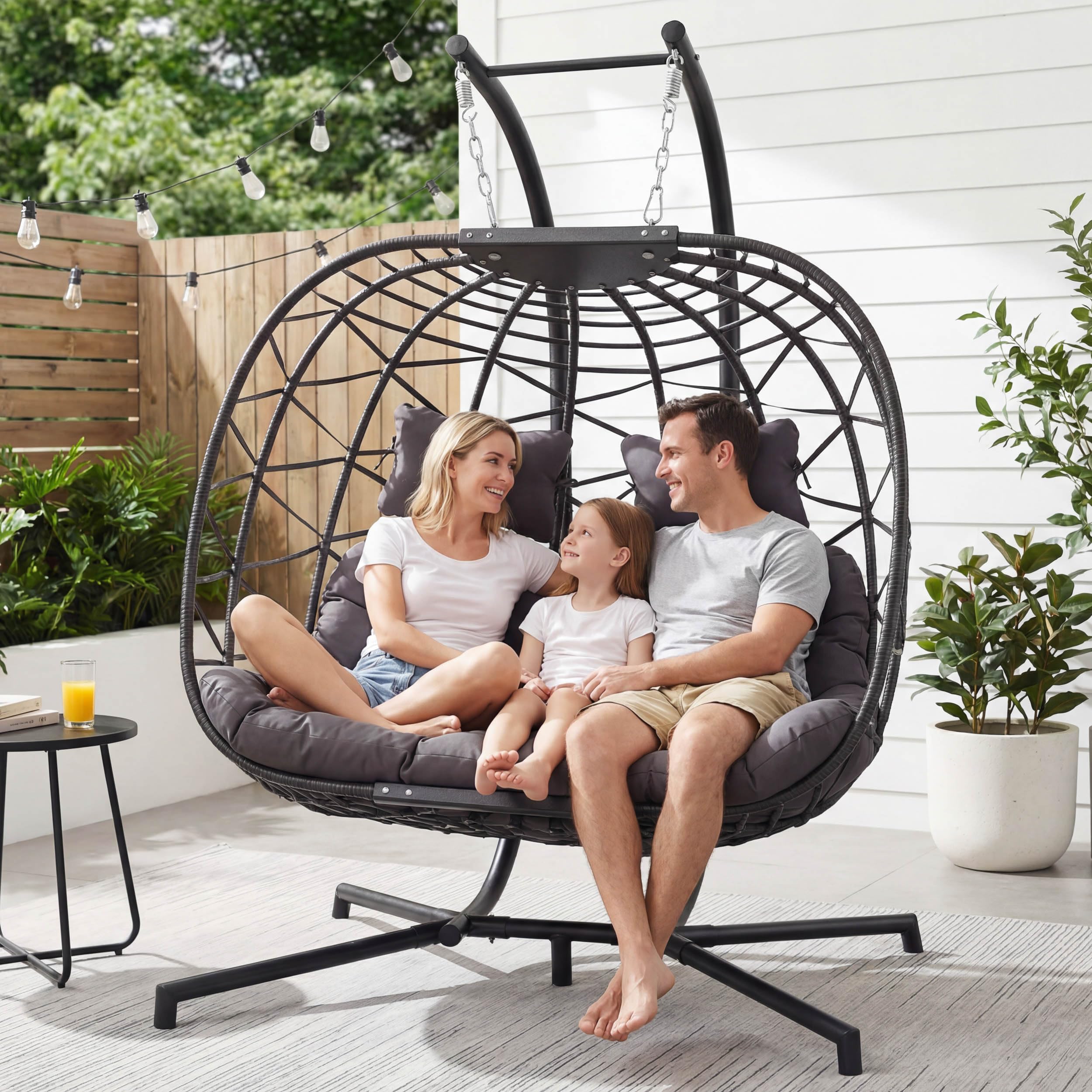NICESOUL Double Swing Egg Chair with Stand, Extra Large 2 Person Indoor Outdoor Wicker Loveseat, Oversized Patio Hanging Basket Chair with Cushions, Cozy Sturdy Porch Swing for Backyard Balcony, Beige