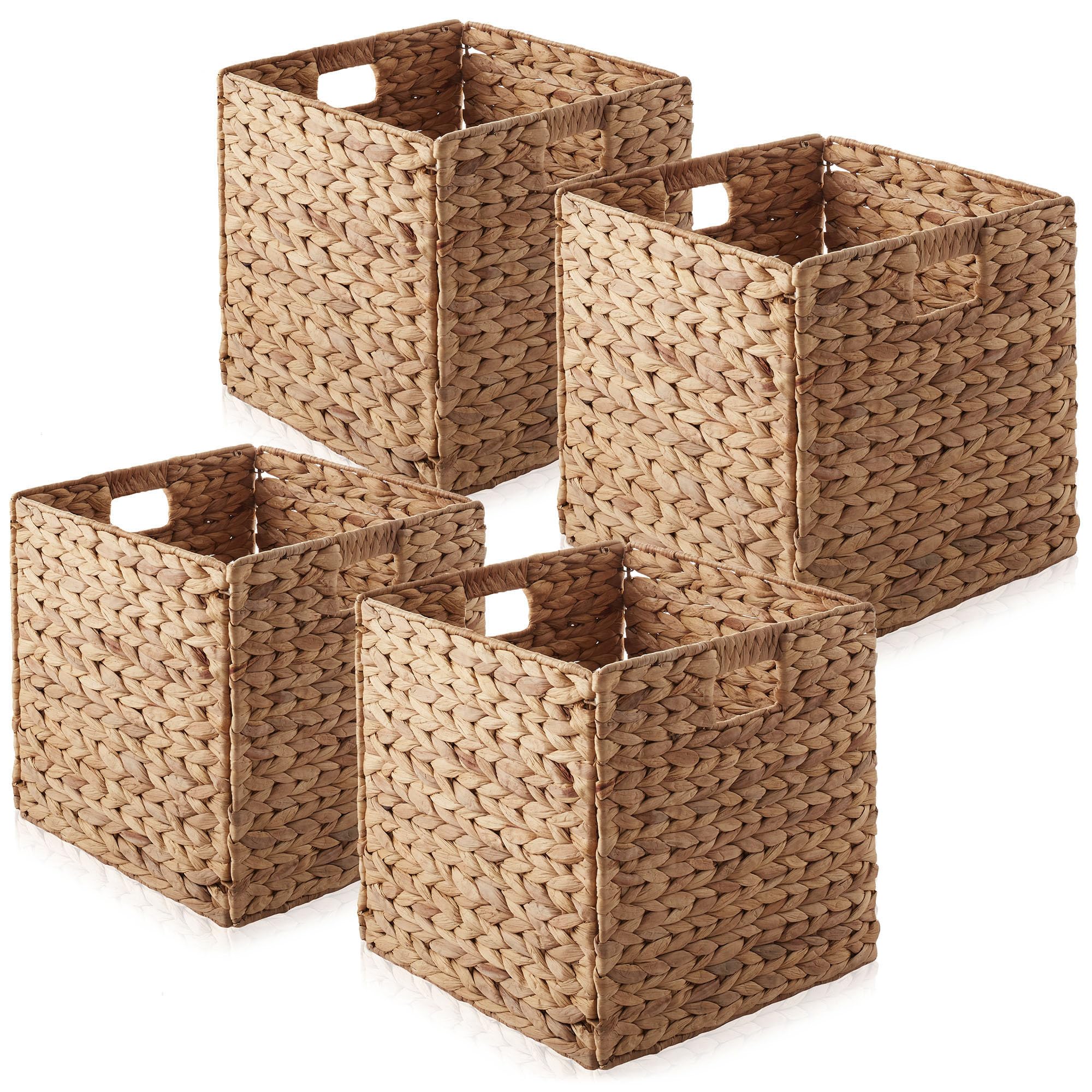 Casafield 12" x 12" Water Hyacinth Storage Baskets, Natural - Set of 6 Collapsible Cube Organizers, Woven Bins for Bathroom, Bedroom, Laundry, Pantry, Shelves