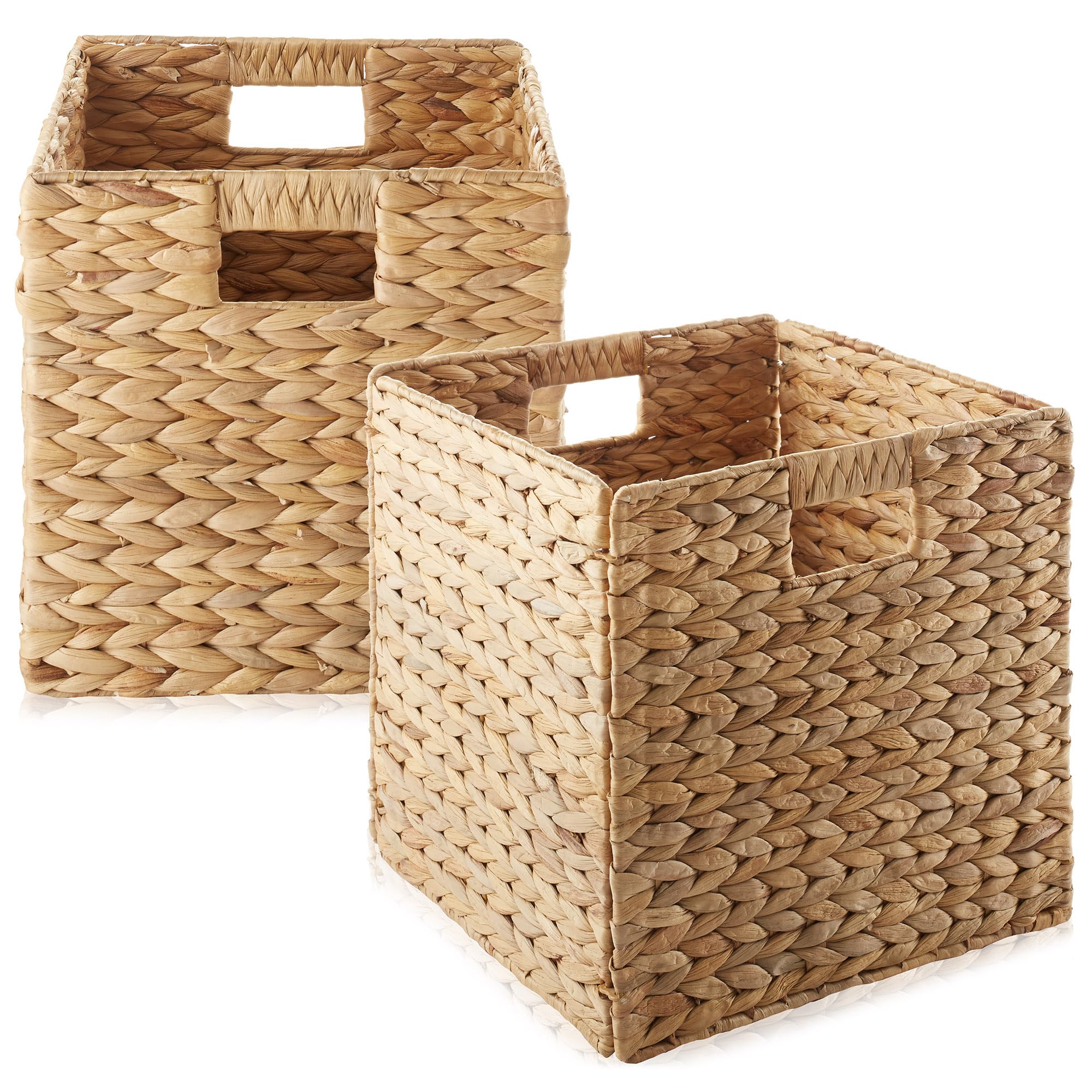 Casafield 12" x 12" Water Hyacinth Storage Baskets, Natural - Set of 6 Collapsible Cube Organizers, Woven Bins for Bathroom, Bedroom, Laundry, Pantry, Shelves