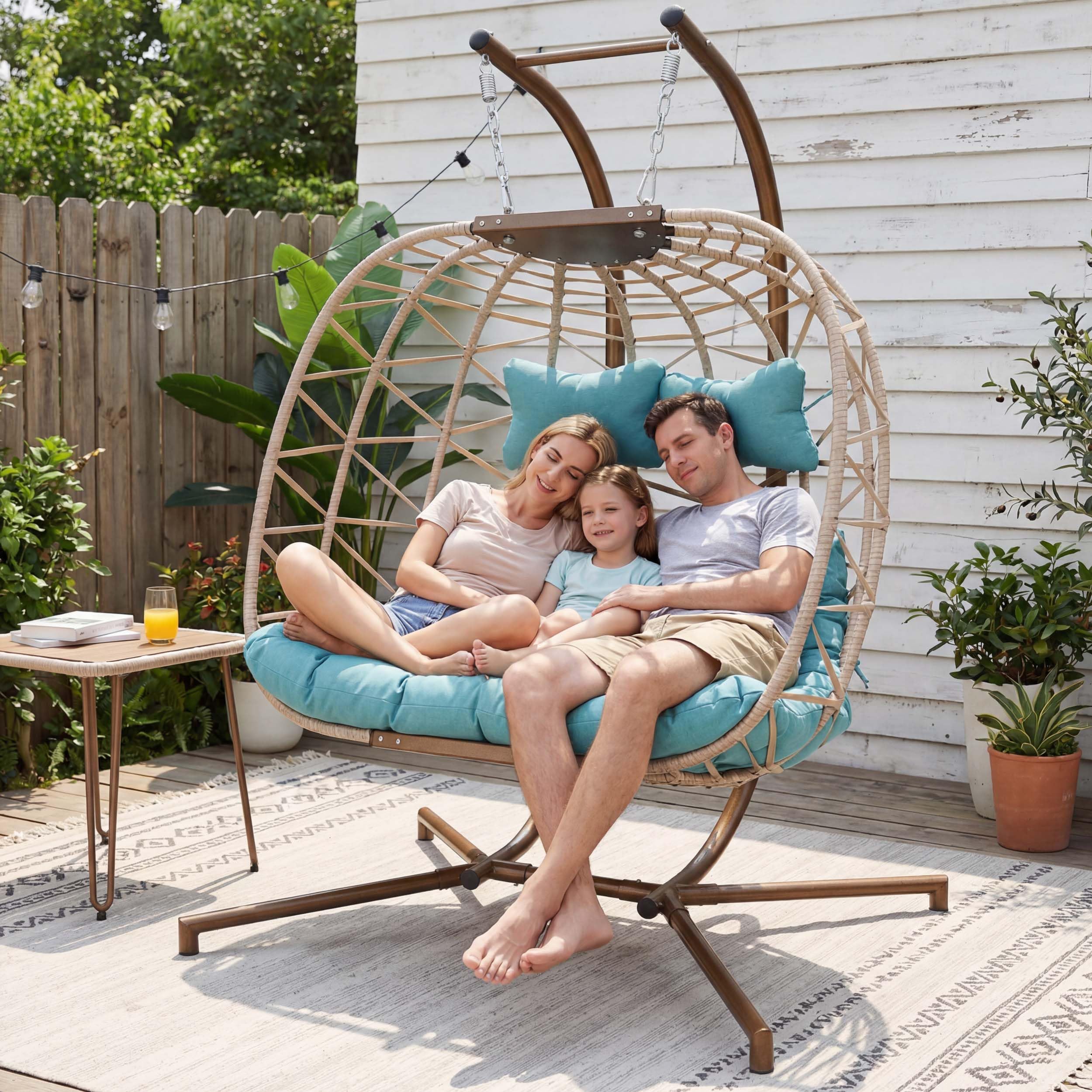NICESOUL Double Swing Egg Chair with Stand, Extra Large 2 Person Indoor Outdoor Wicker Loveseat, Oversized Patio Hanging Basket Chair with Cushions, Cozy Sturdy Porch Swing for Backyard Balcony, Beige