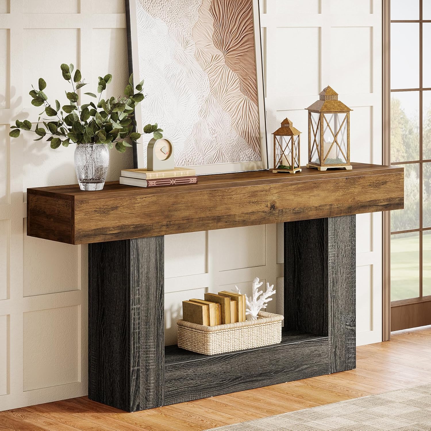 Tribesigns 63-Inch Long Console Table, 2-Tier Entryway Table Sofa Table with Storage, Farmhouse Wood Behind Couch Tables for Living Room, Hallway, Rustic Brown & Gray